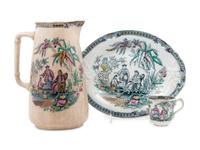 A Tunstall James Beech Pekin Decorated Pitcher, Plate and Teacup