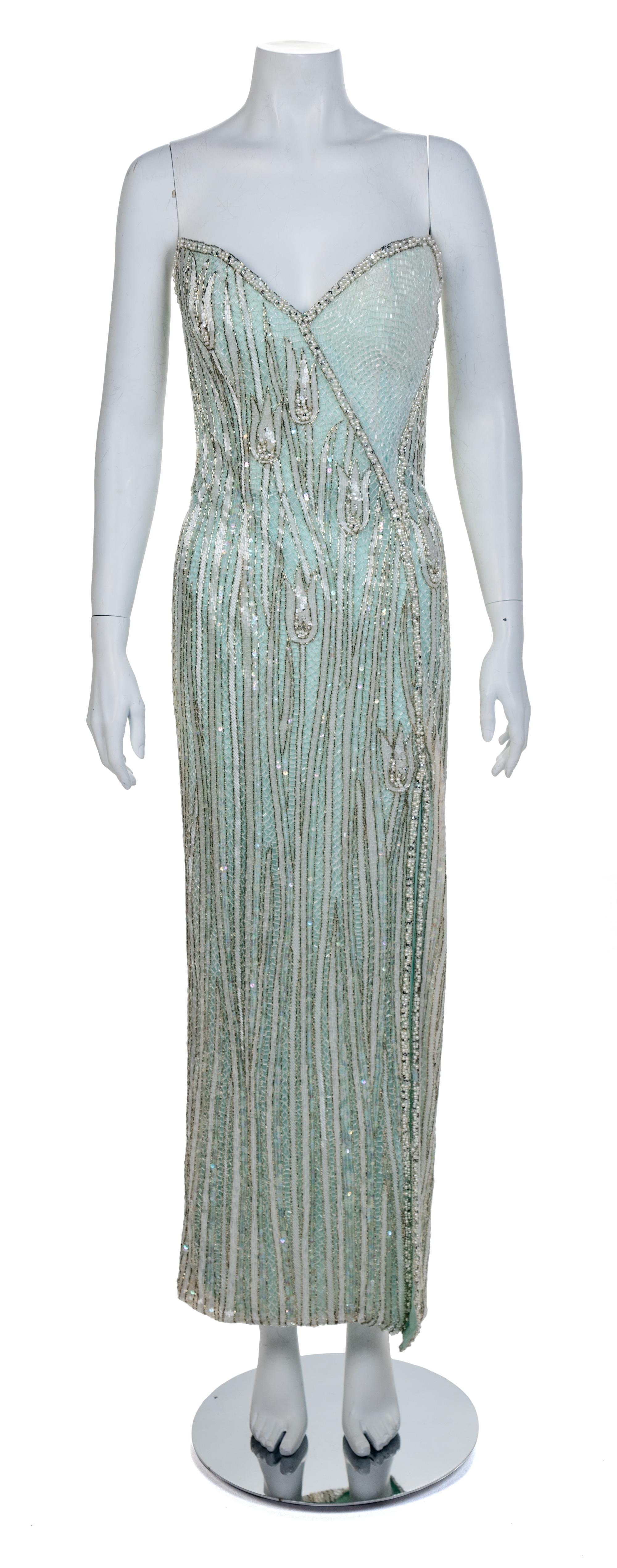 Bob Mackie Light Blue Beaded Gown, 1980-90s Size label: 8