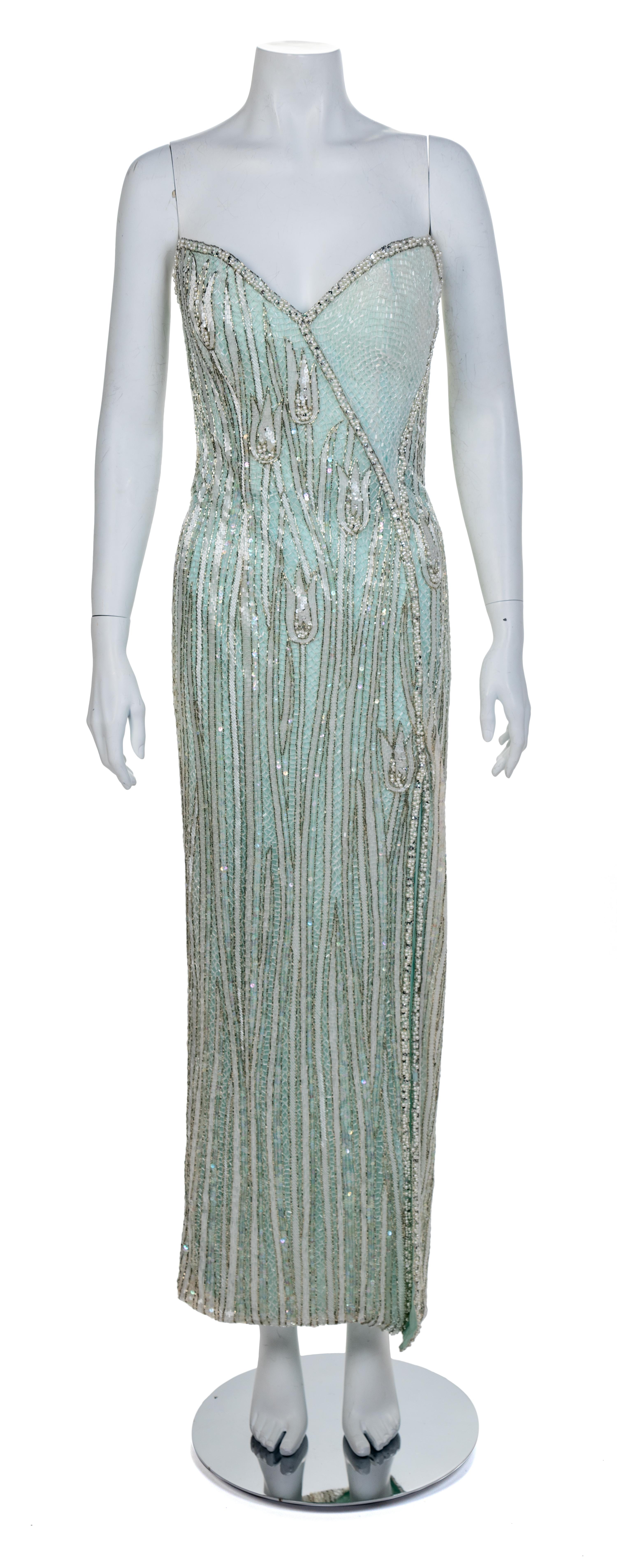 Bob Mackie Light Blue Beaded Gown, 1980-90s Size label: 8