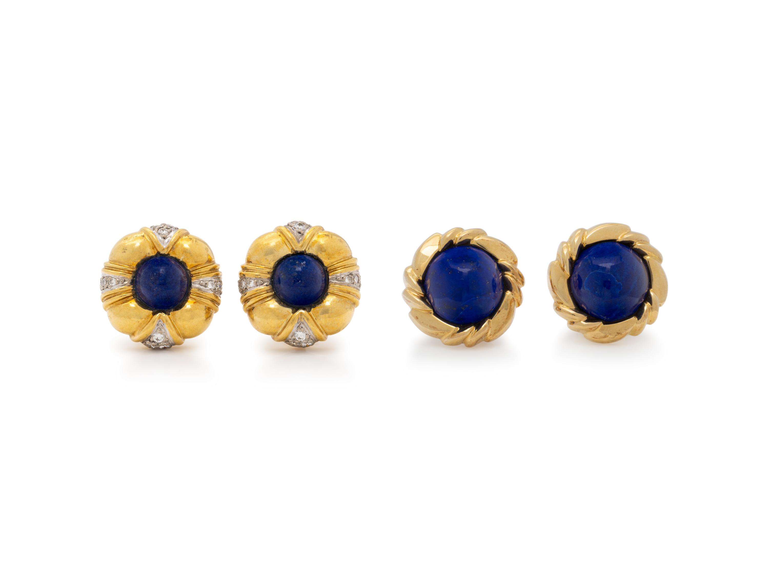 TWO PAIRS OF YELLOW GOLD AND LAPIS LAZULI EARRINGS