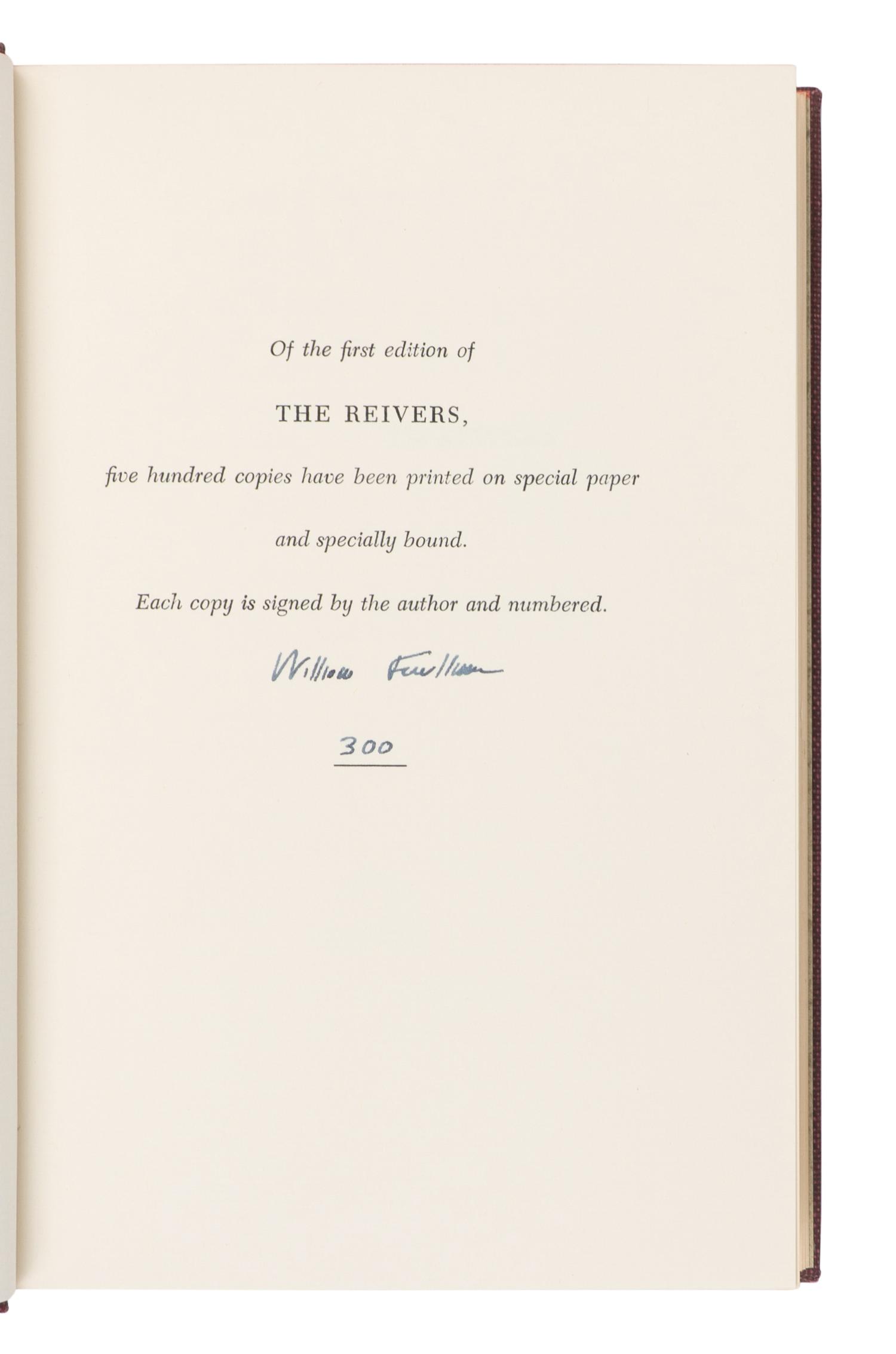 FAULKNER, William (1897-1962). The Reivers: A Reminiscence . New York: Random House, 1962.