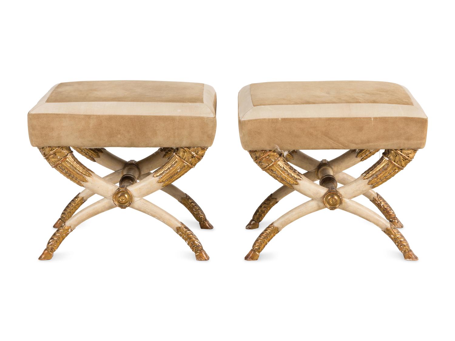 A Pair of Italian Cream-Painted and Parcel Gilt Curule-Form Stools