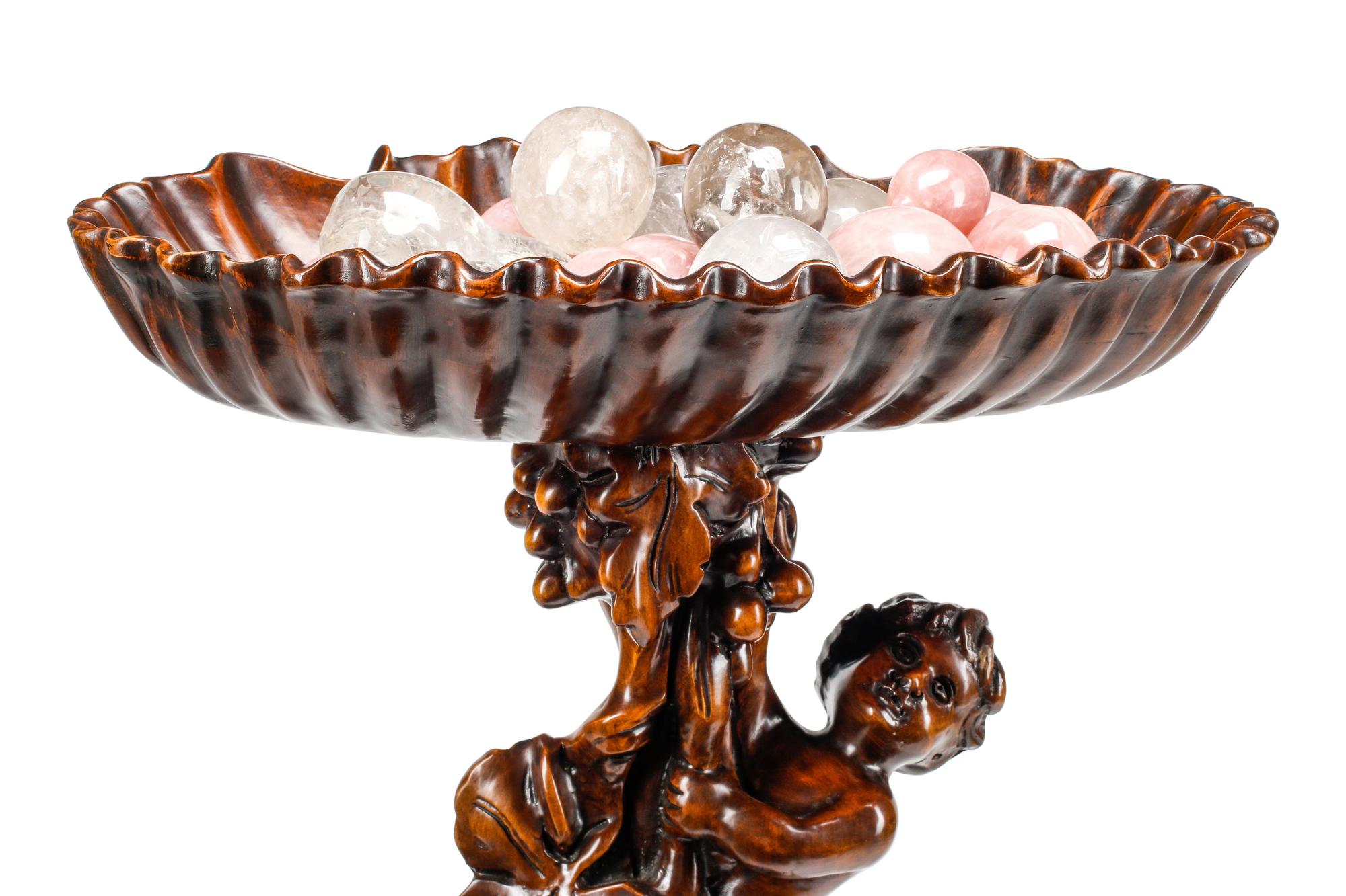 An Italian Baroque Style Carved Wood Jardinière with a Collection of Rock Crystal and Rose Quartz Fruit