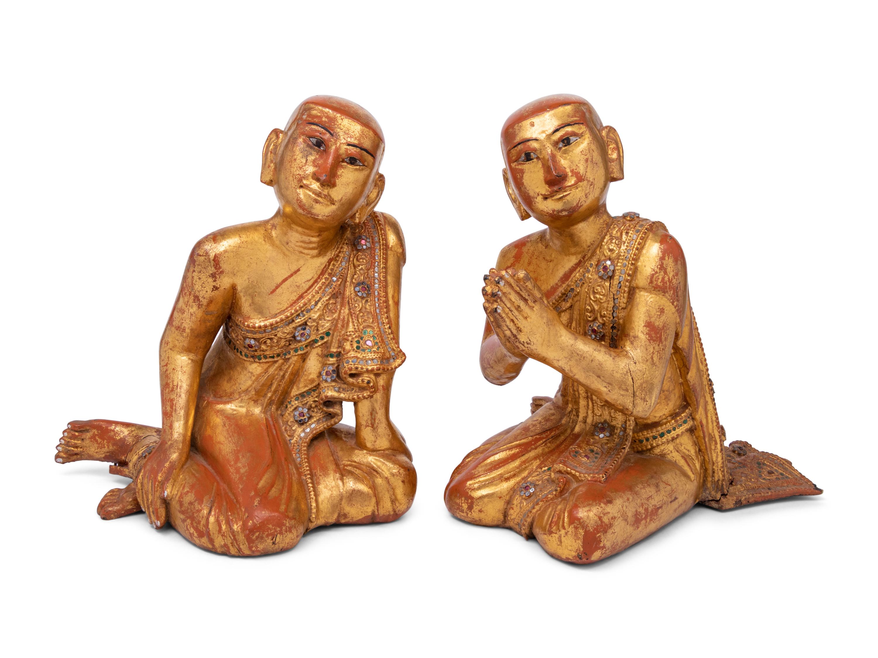 A Pair of Southeast Asian Giltwood Monk Figures