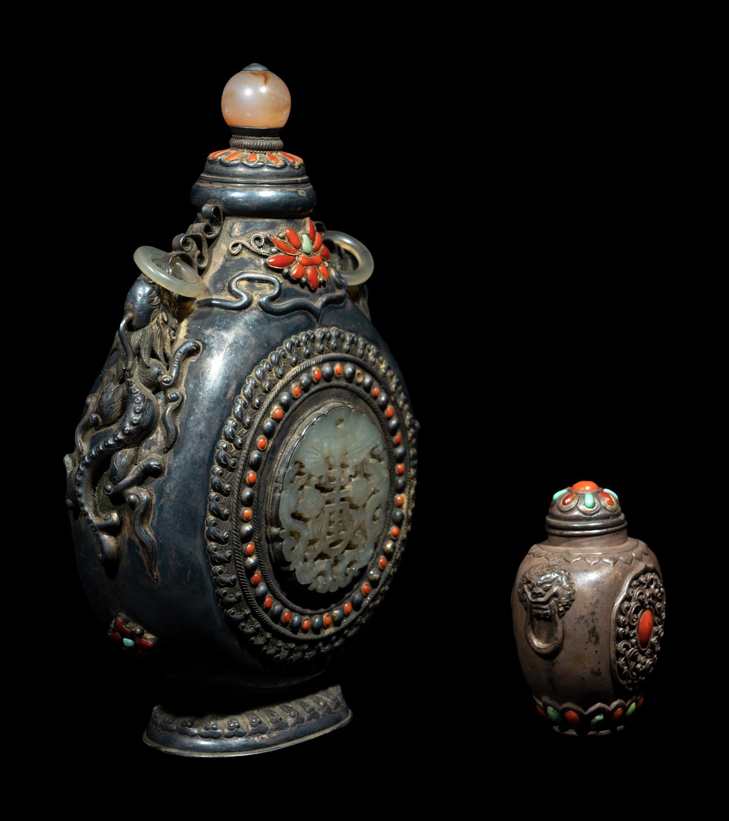 Two Mongolian Hardstone Mounted Metal Bottles