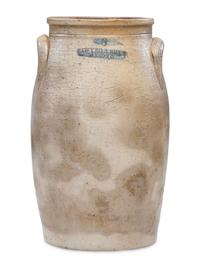 A Sawyer & Smith Three Gallon Cobalt Decorated Stoneware Crock