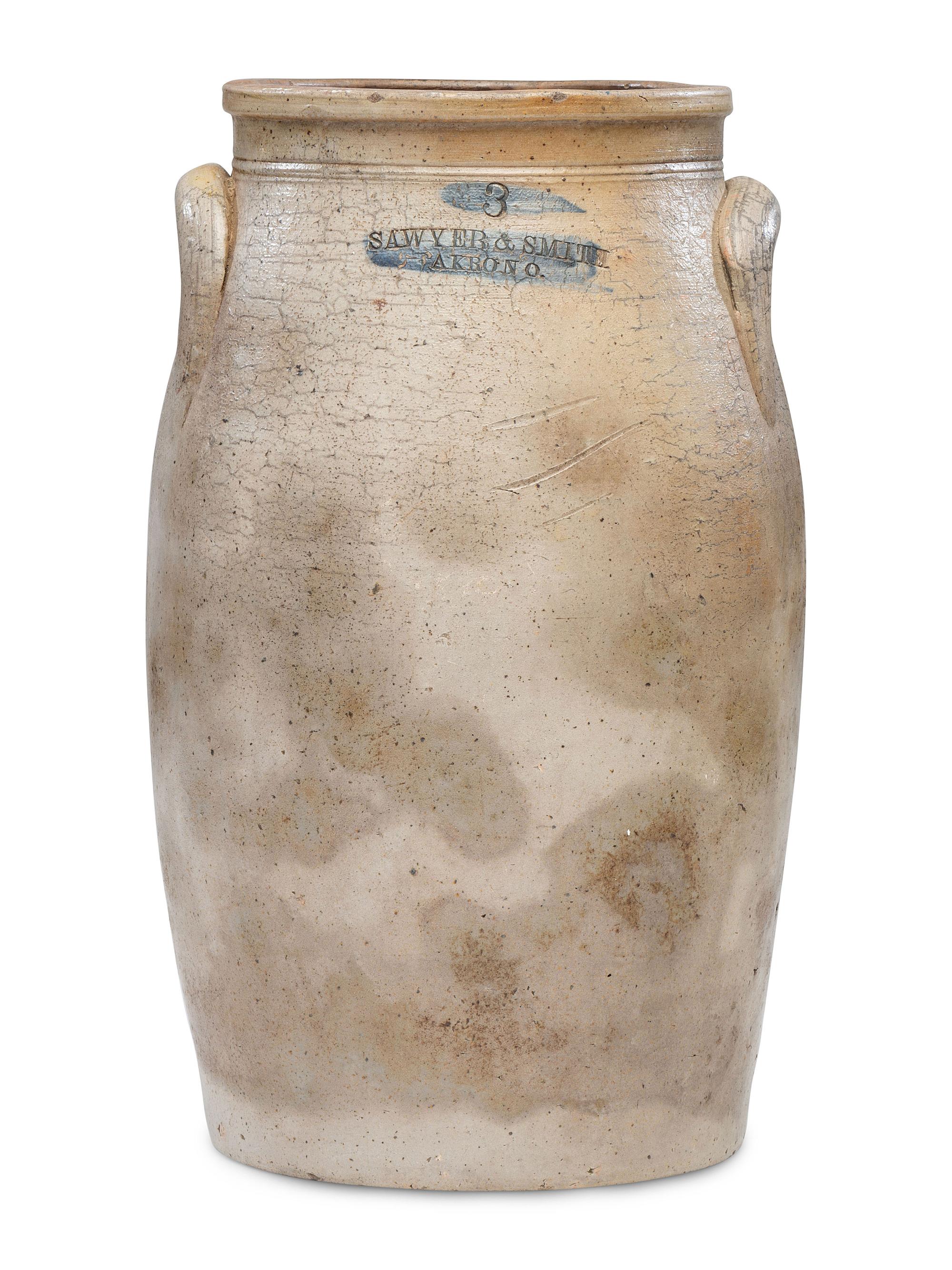 A Sawyer & Smith Three Gallon Cobalt Decorated Stoneware Crock