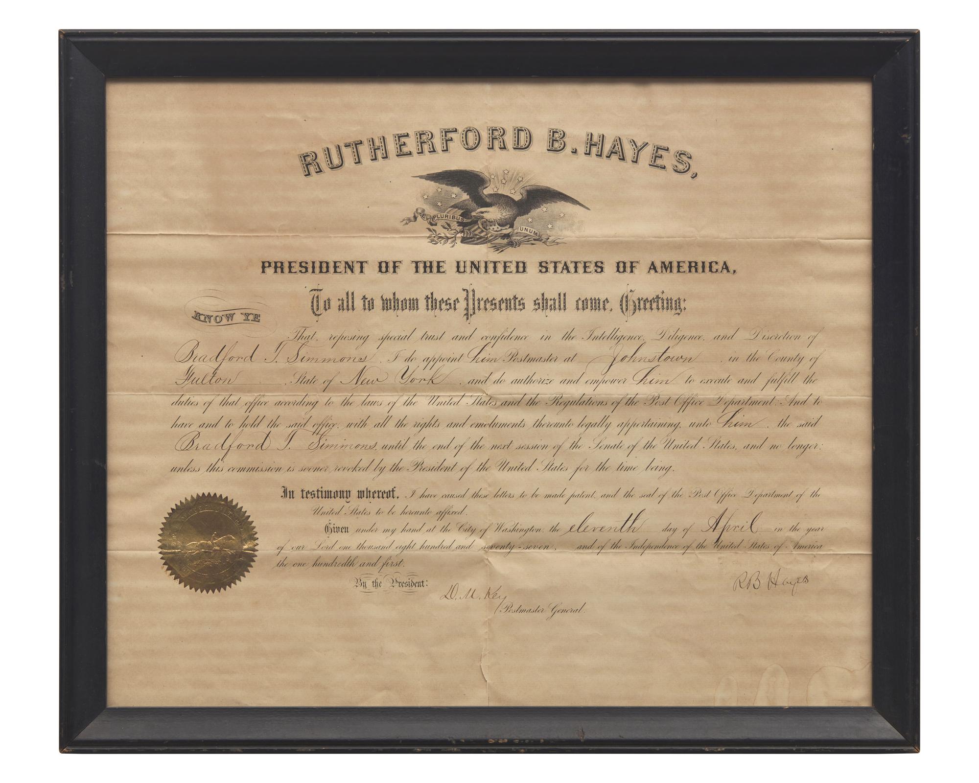 [Presidential] Hayes, Rutherford B. Partially-Printed Document, signed