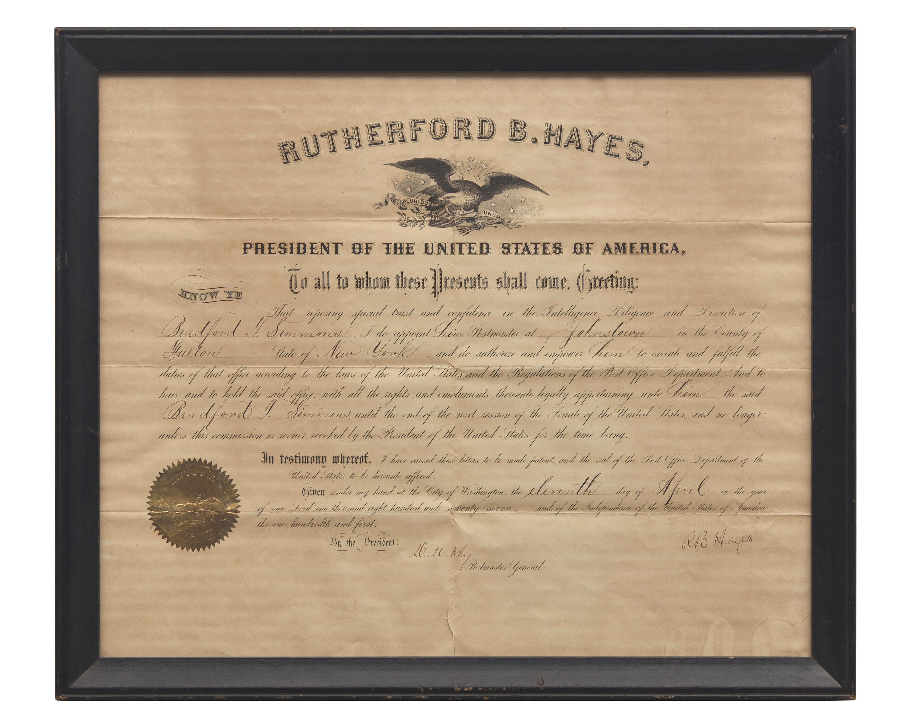 [Presidential] Hayes, Rutherford B. Partially-Printed Document, signed