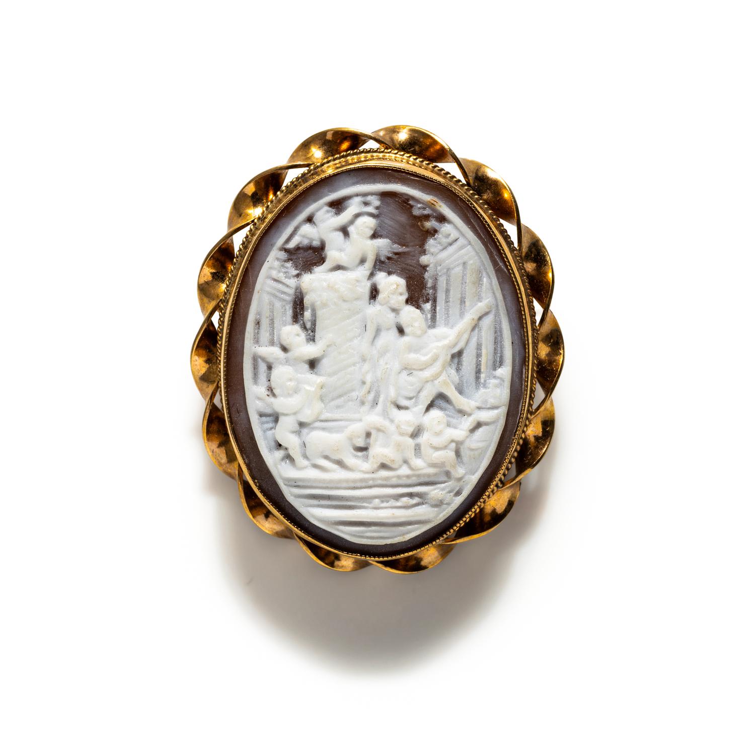 A Neoclassical Gold and Shell Cameo Brooch with an Allegorical Scene