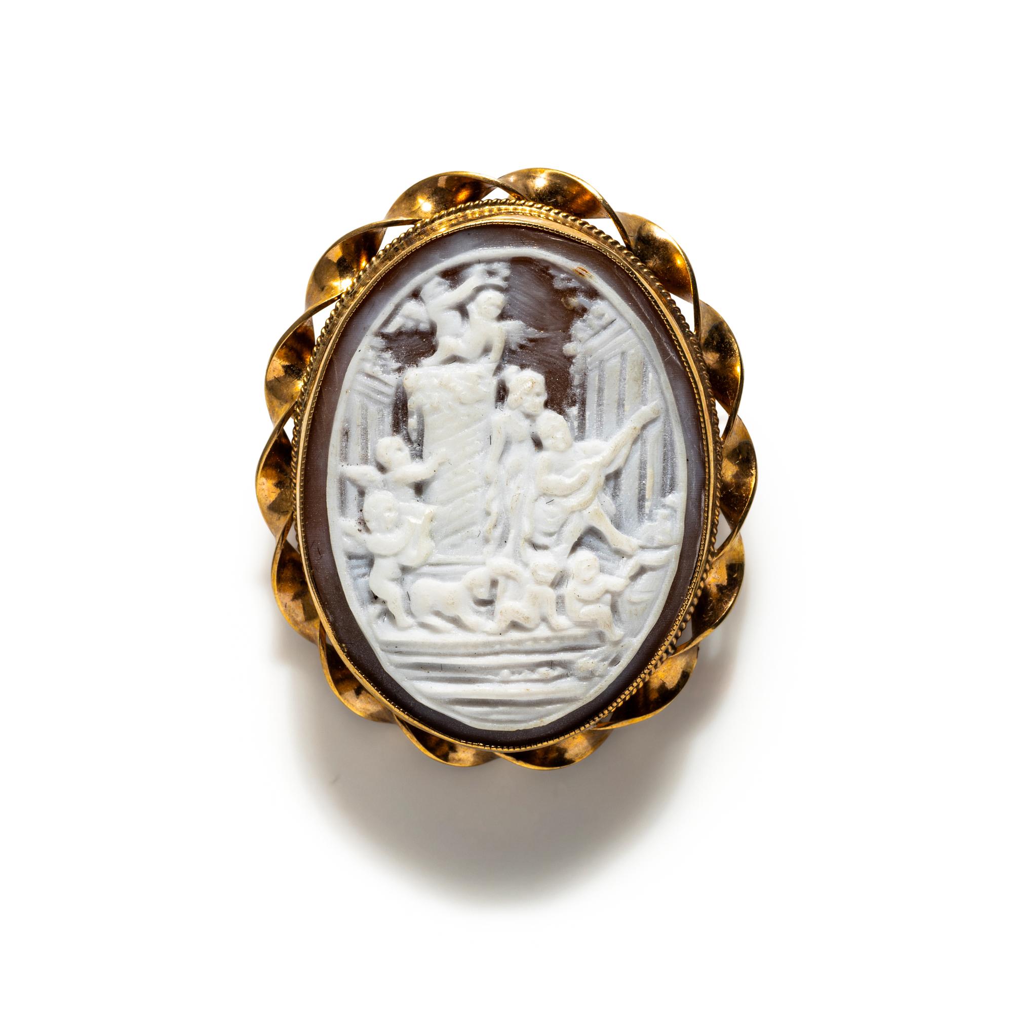 A Neoclassical Gold and Shell Cameo Brooch with an Allegorical Scene