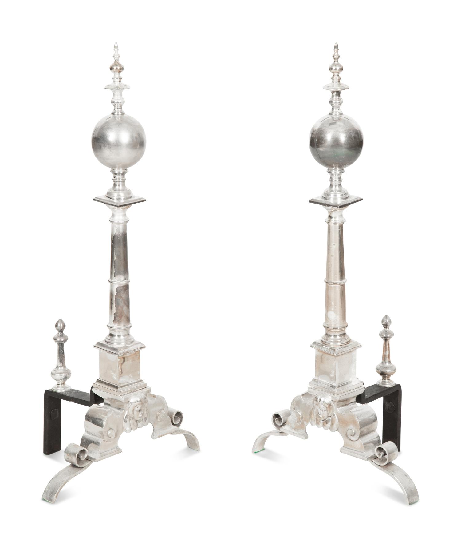 A Pair of Silvered Brass Andirons