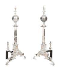 A Pair of Silvered Brass Andirons