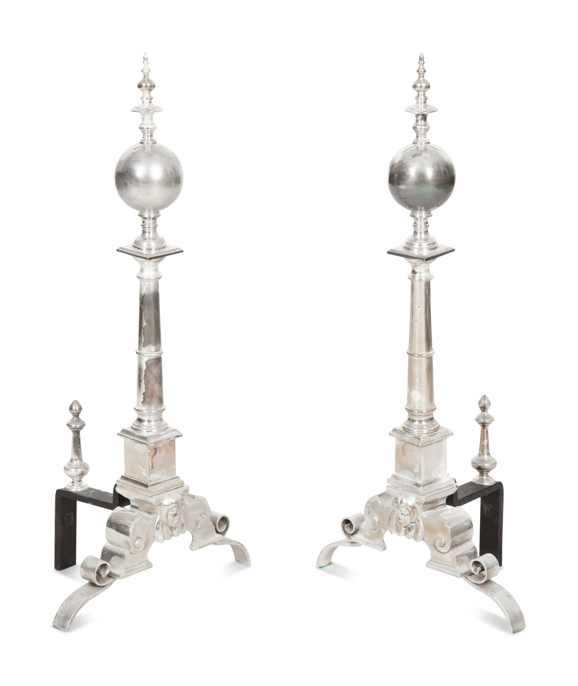 A Pair of Silvered Brass Andirons