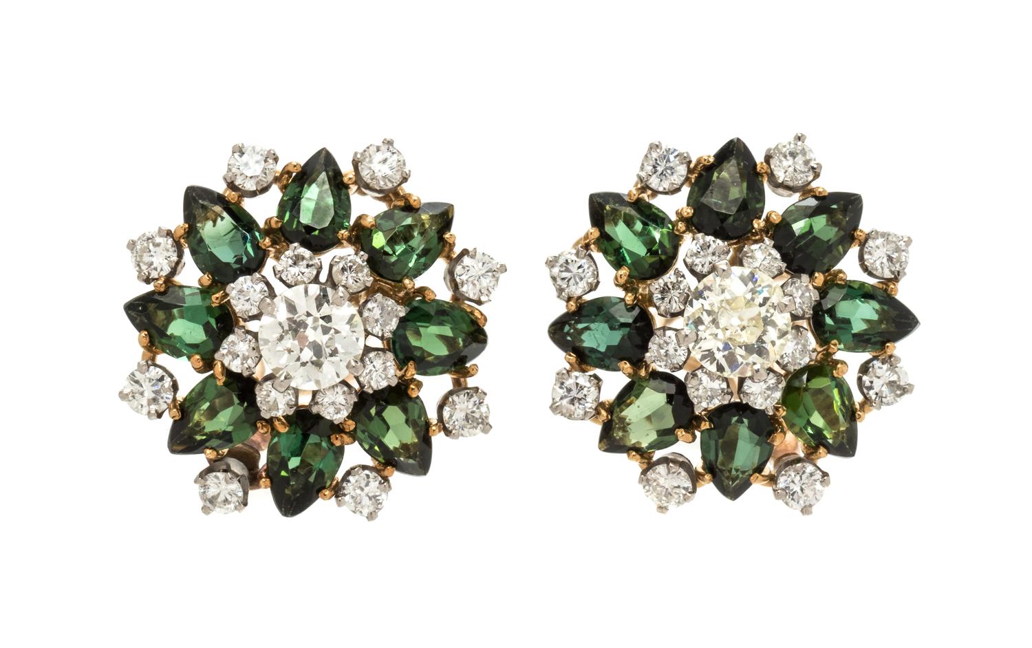 A Pair of 14 Karat Bicolor Gold, Diamond and Glass Earclips,