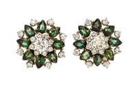 A Pair of 14 Karat Bicolor Gold, Diamond and Glass Earclips,