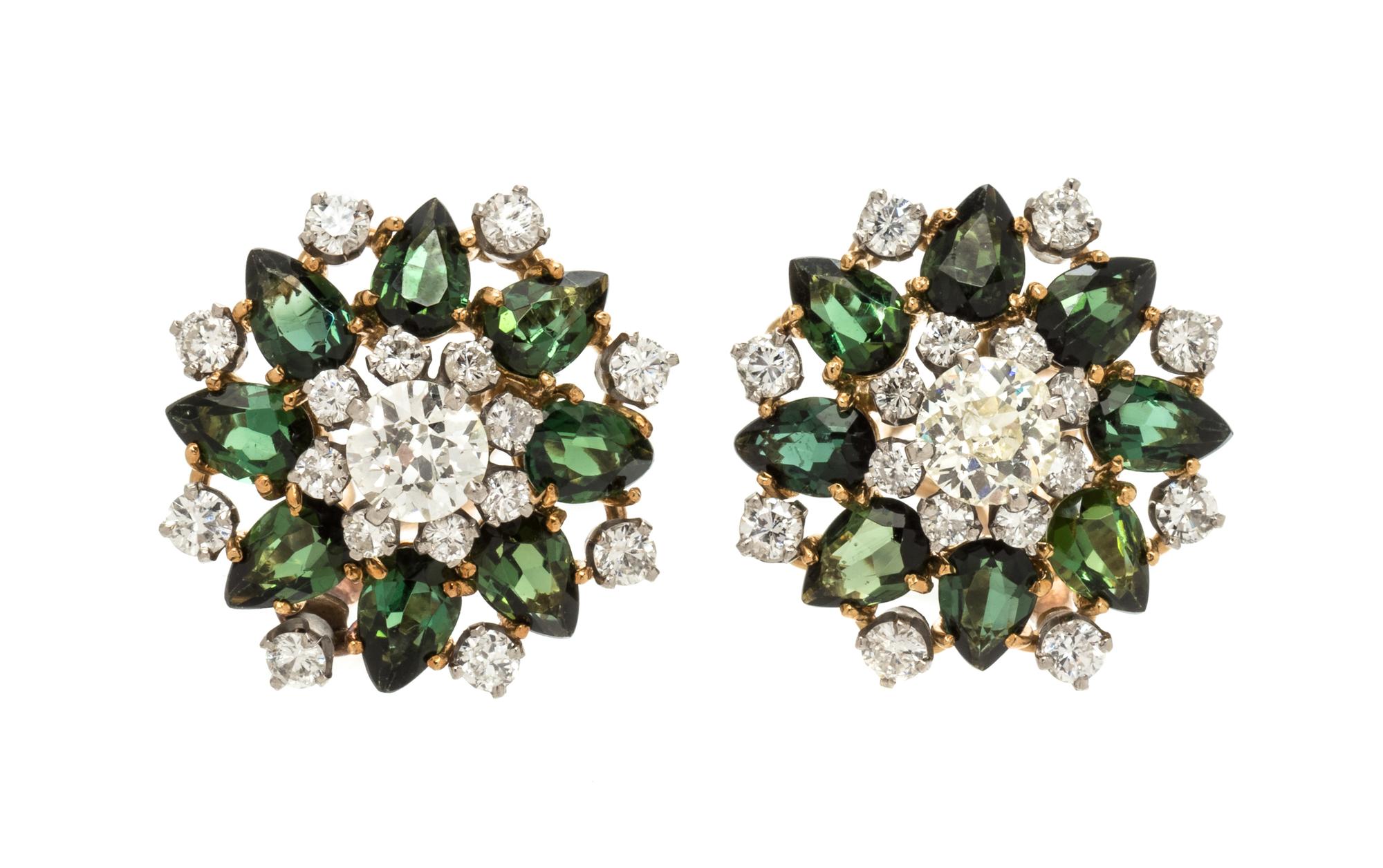 A Pair of 14 Karat Bicolor Gold, Diamond and Glass Earclips,