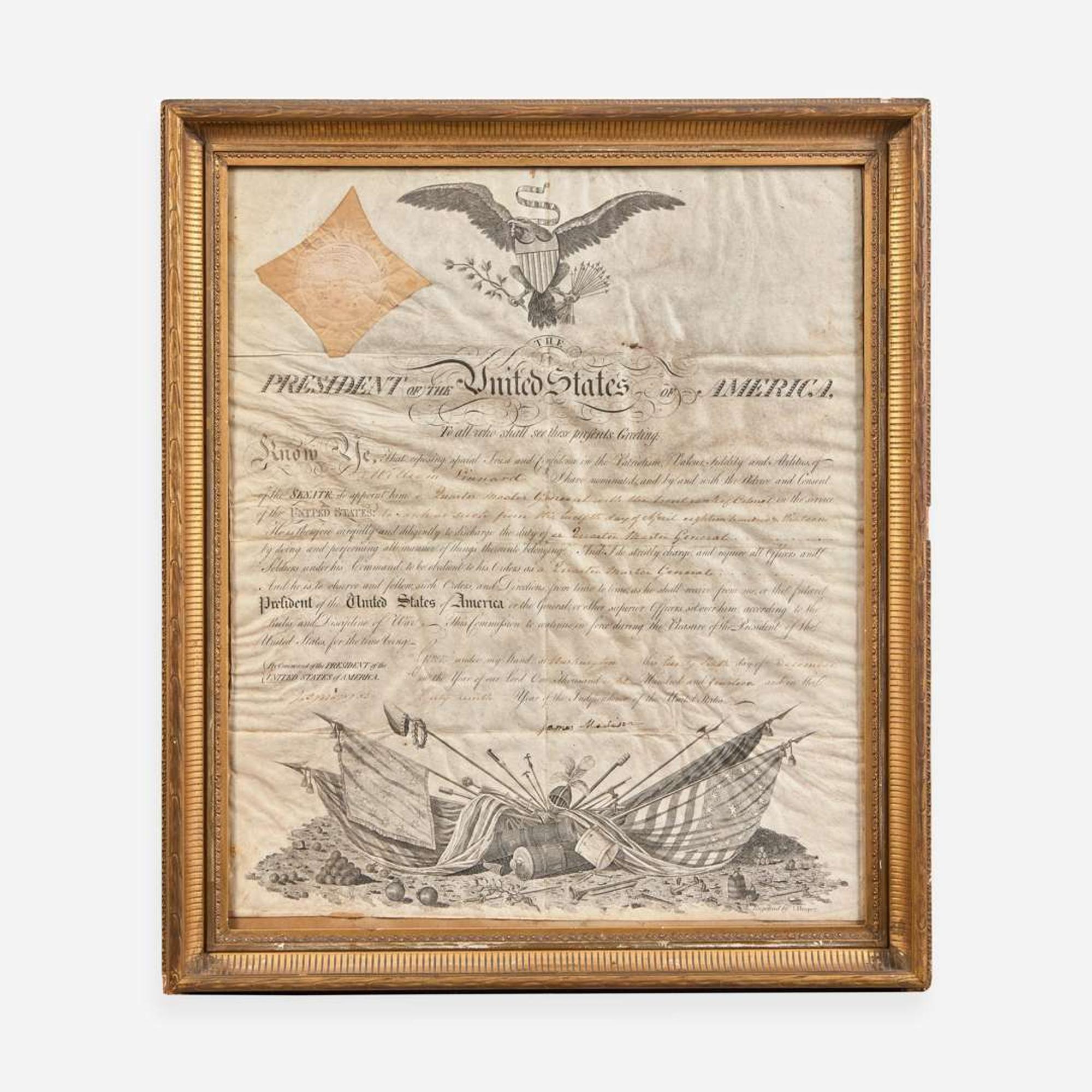 [Presidential] Madison, James, and James Monroe Partially-Printed Military Commission, signed