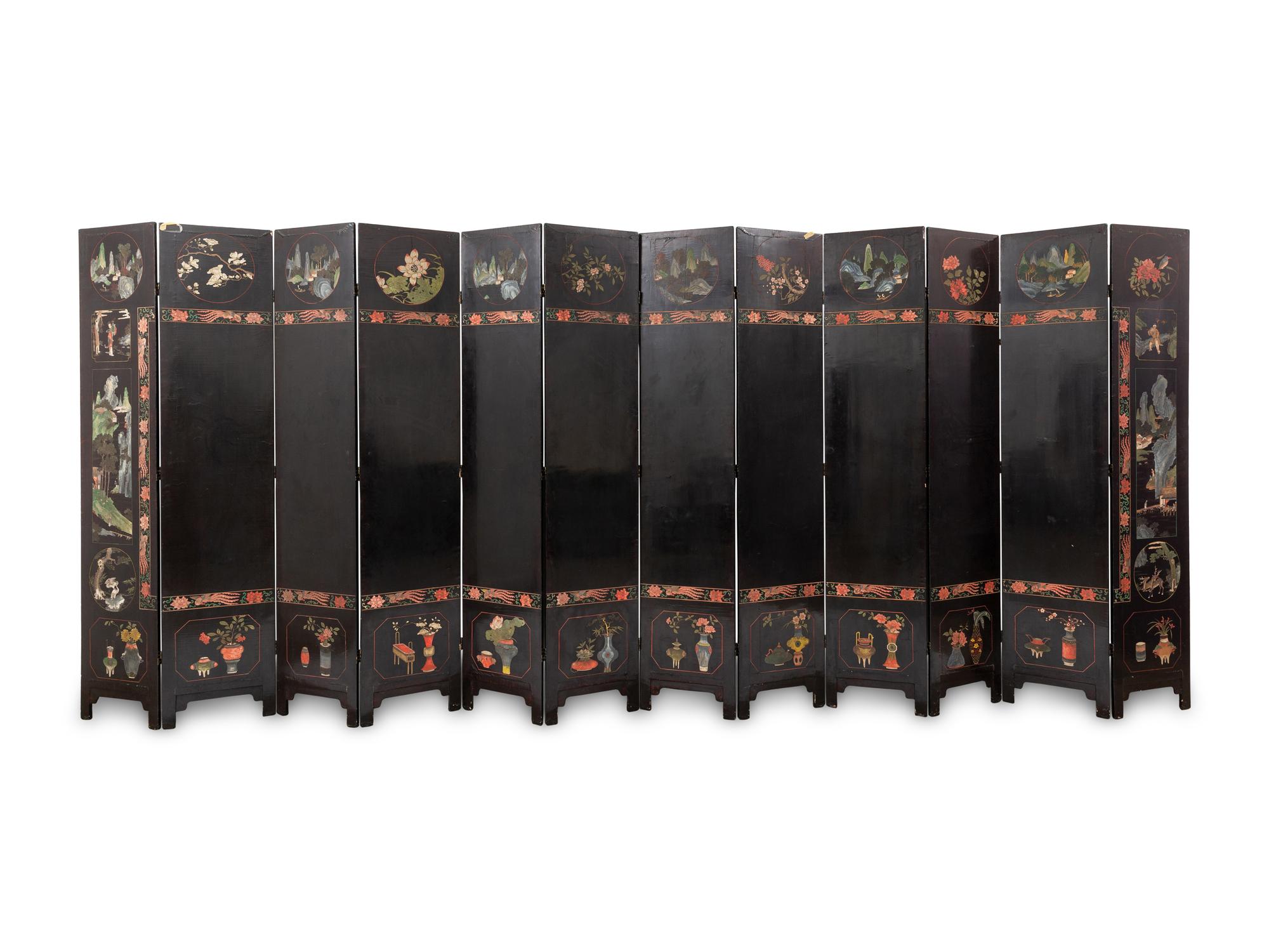 A Chinese Export Laquer Twelve-Panel Screen