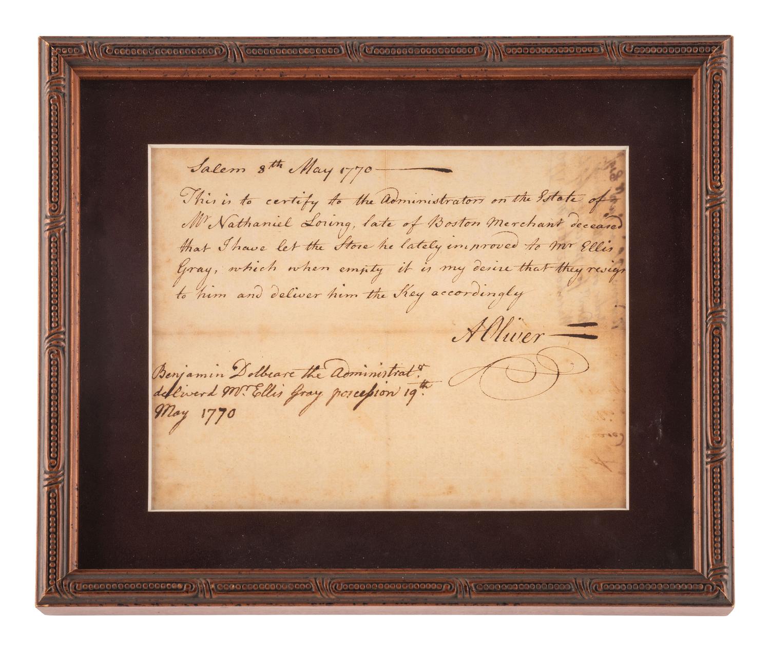 [COLONIAL] - [OLIVER, Andrew Jr. (1731-1799)]. A group of documents signed by Loyalists, including Massachusetts judge Andrew Oliver, Jr., and Maryland attorney Daniel Dulany.