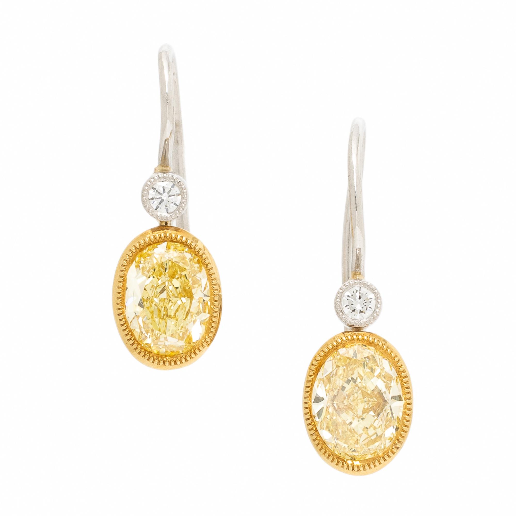 Yellow Diamond, Diamond, Yellow Gold, and Platinum Earrings