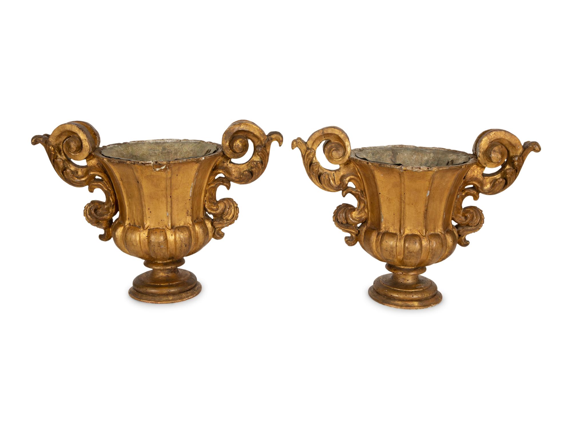 A Pair of Venetian Baroque Carved Giltwood Campana Urns