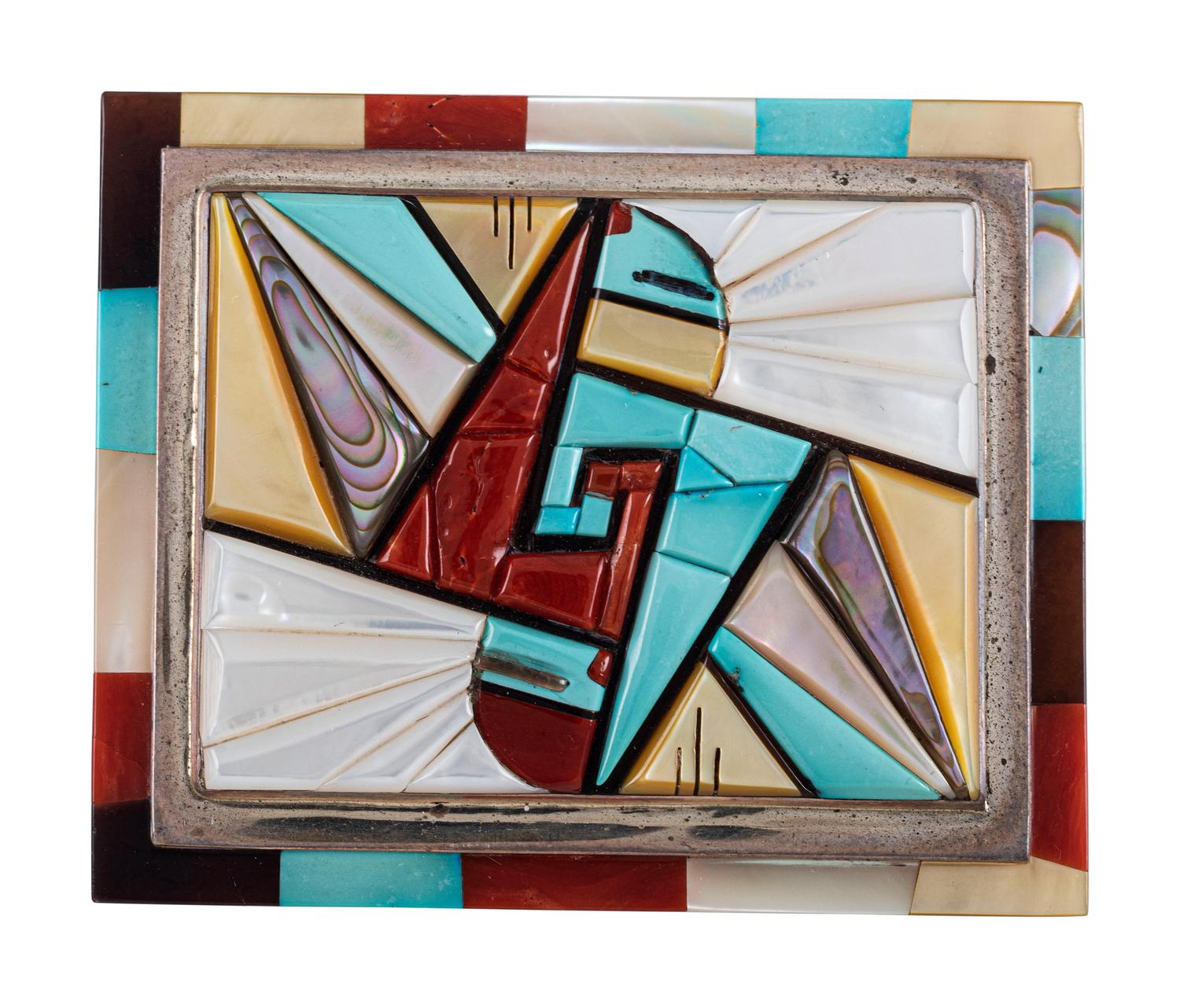 Matching Silver and Mosaic Inlay Bolo Tie and Belt Buckle