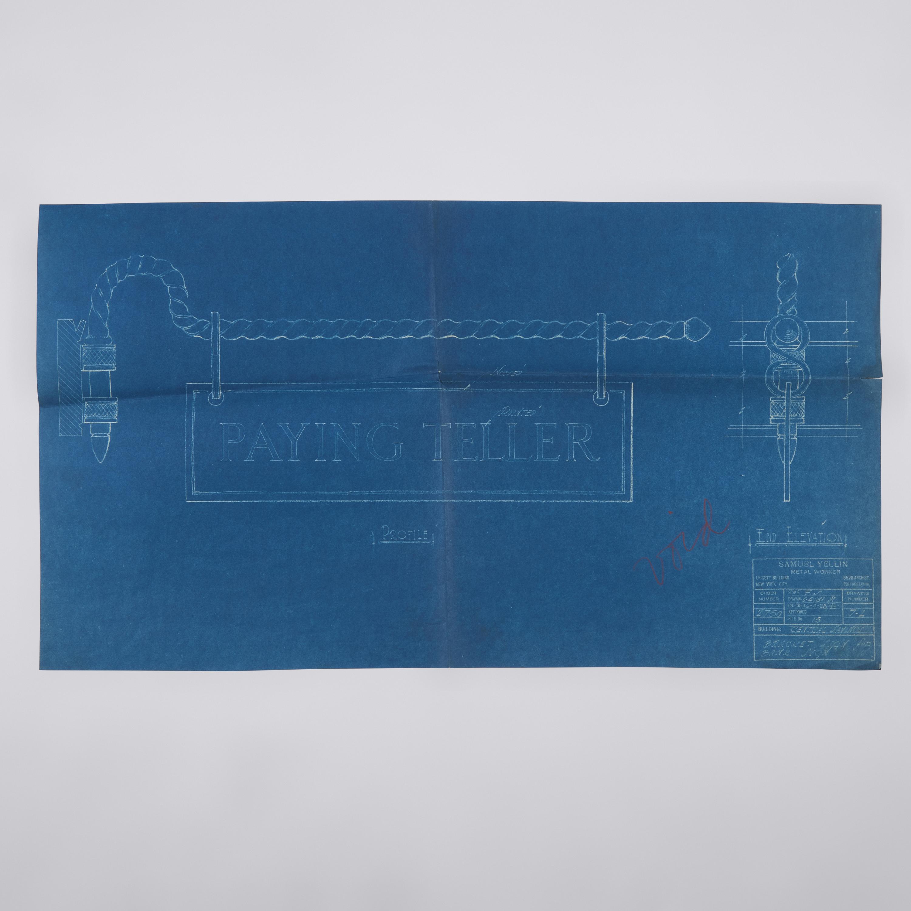 Studio of Samuel Yellin (American, 1884–1940) — Group of Three Blueprints Including Railing, Chandelier and Signpost Bracket, 1926–1939