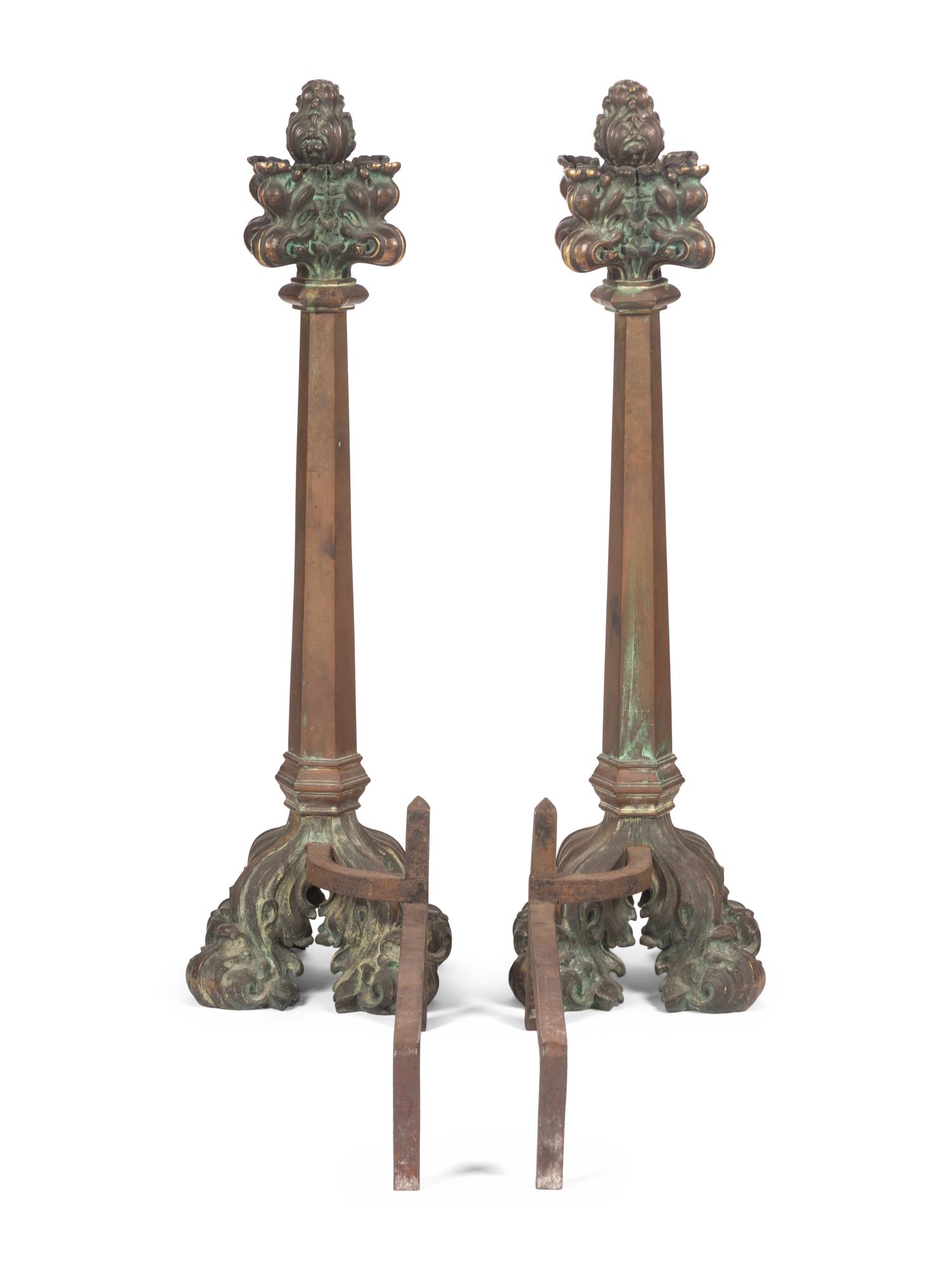 A Pair of Gothic Style Bronze Andirons