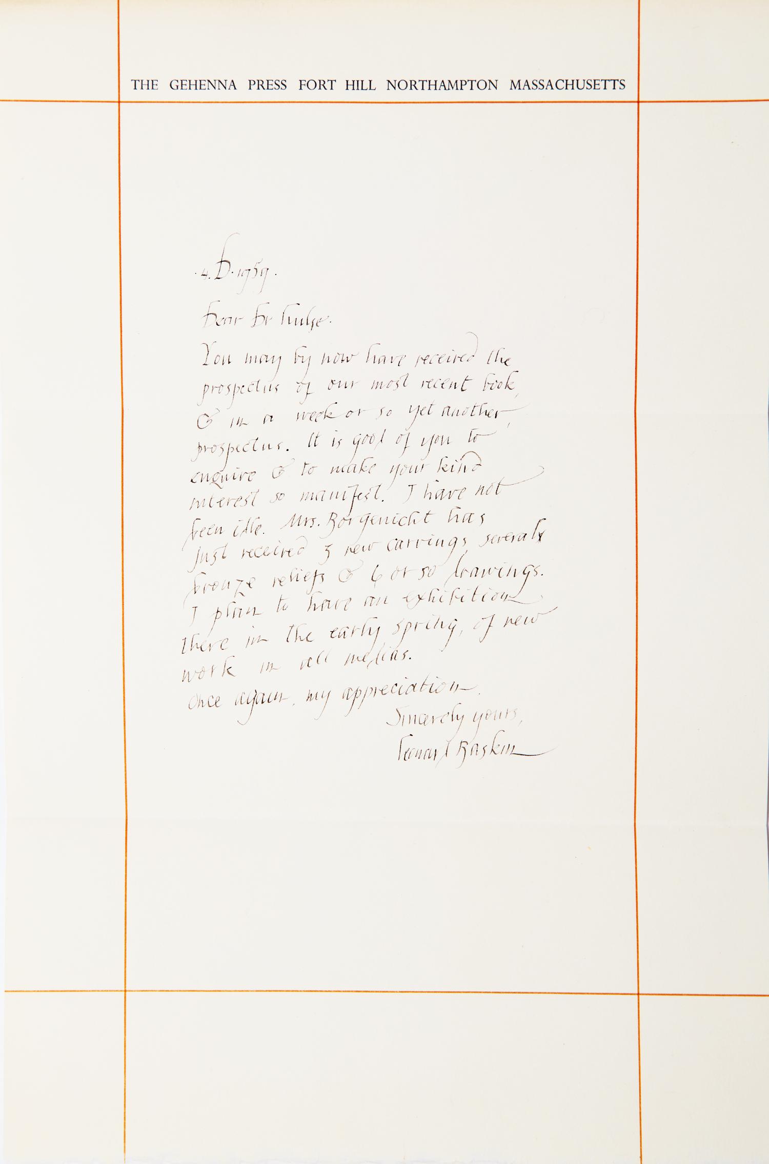 [Private Press] [Gehenna Press] [Baskin, Leonard] Lockwood, George. Homage to Redon , with an Autograph Letter, signed