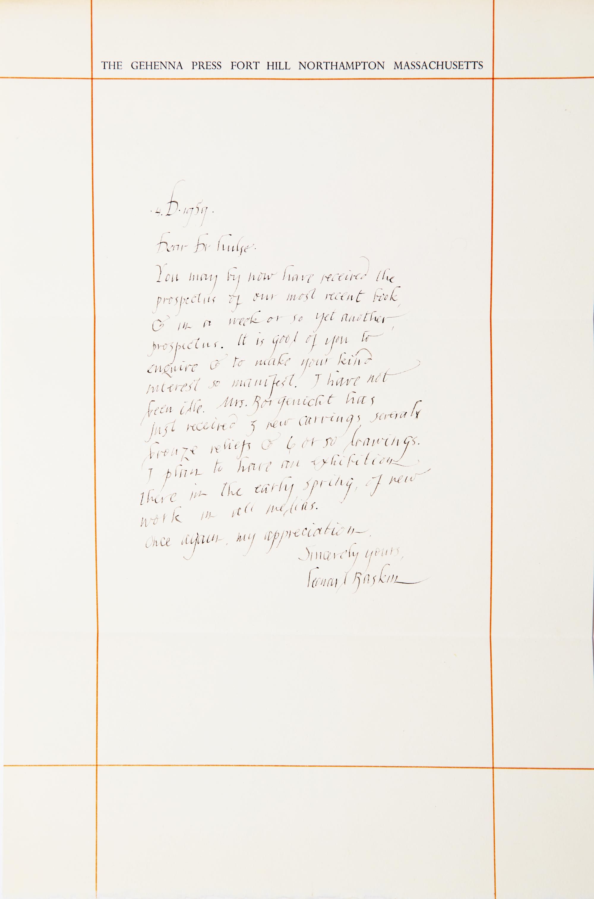 [Private Press] [Gehenna Press] [Baskin, Leonard] Lockwood, George. Homage to Redon , with an Autograph Letter, signed