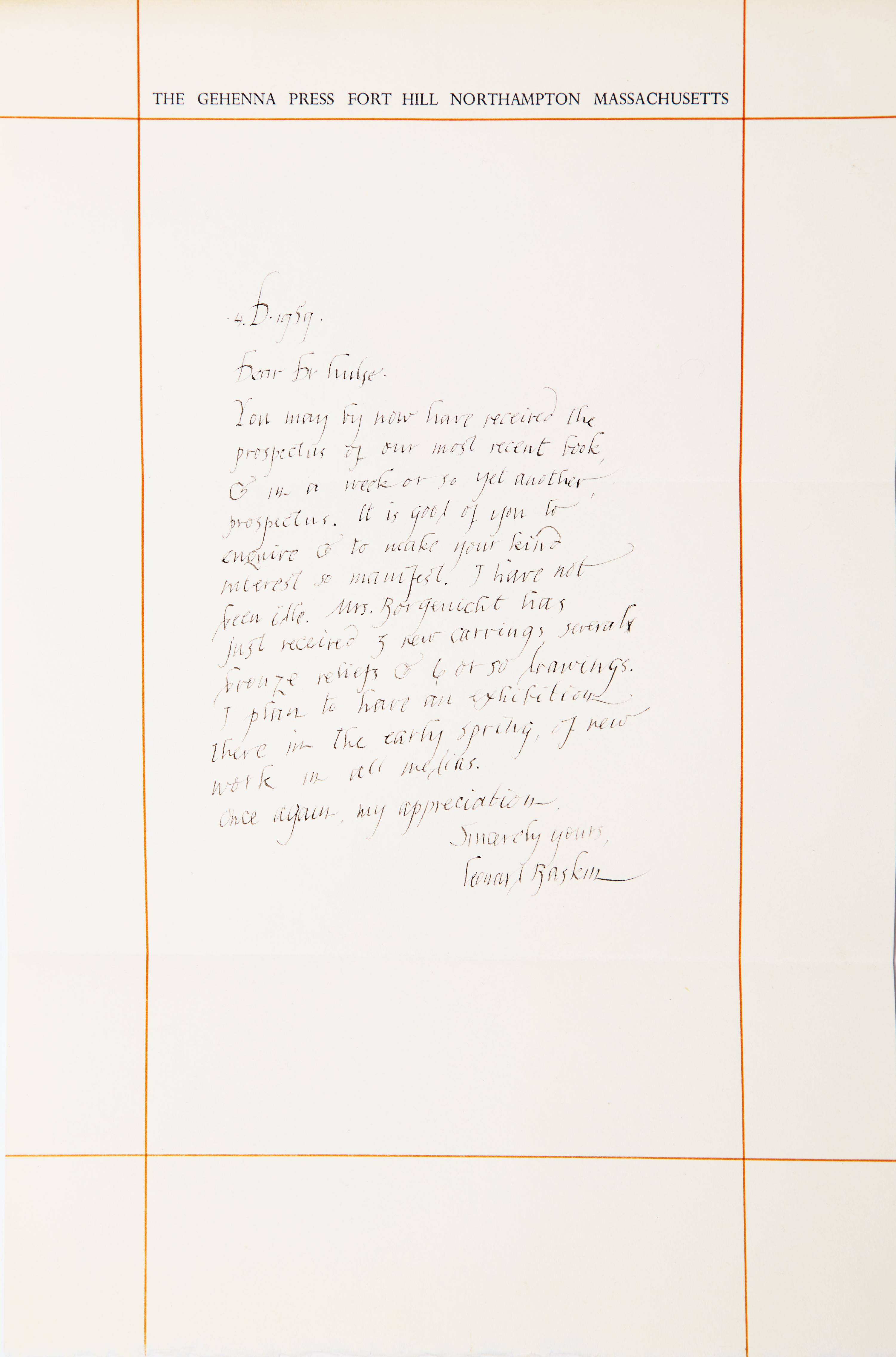 [Private Press] [Gehenna Press] [Baskin, Leonard] Lockwood, George. Homage to Redon , with an Autograph Letter, signed