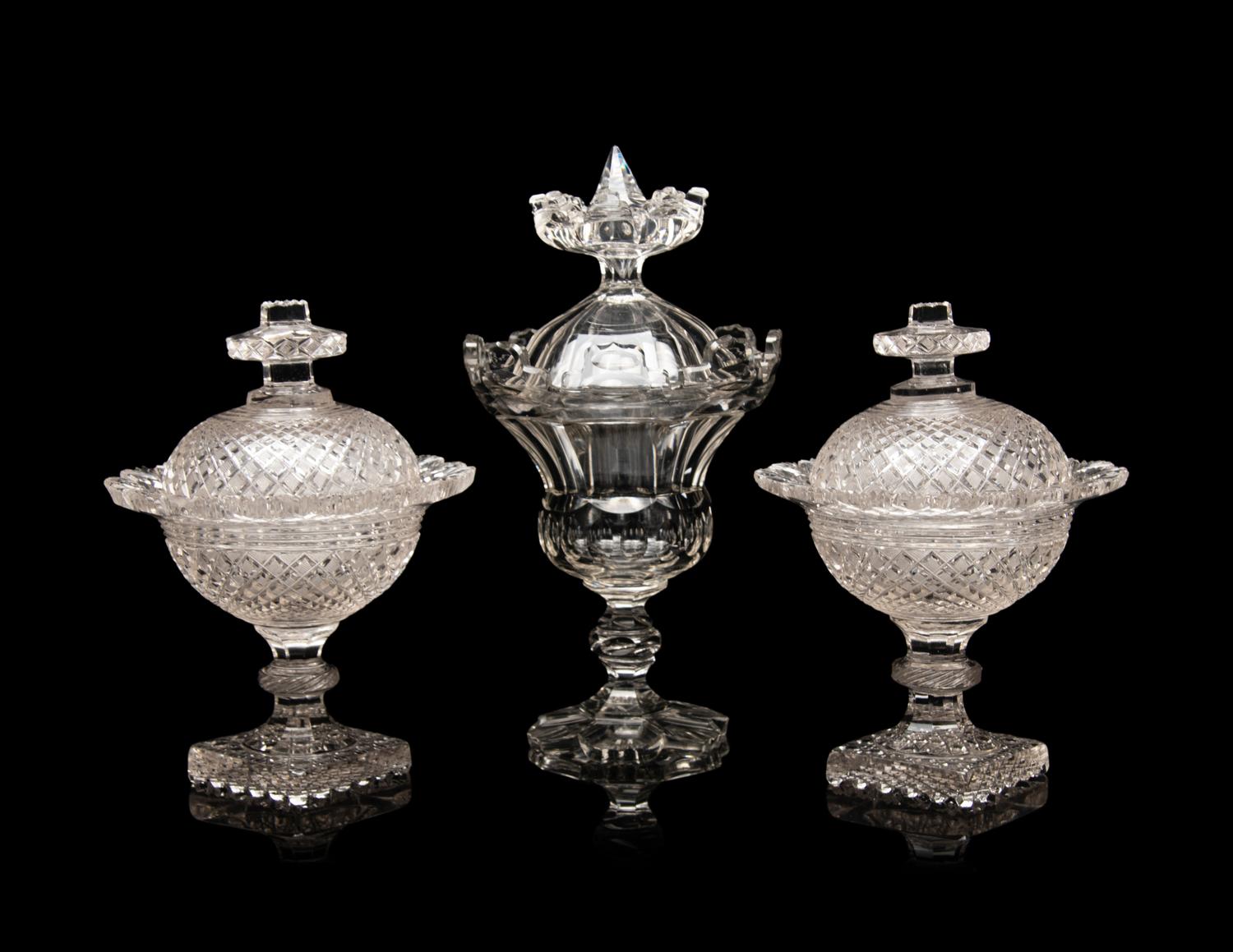A Pair of English Cut Glass Footed Bowls and Covers