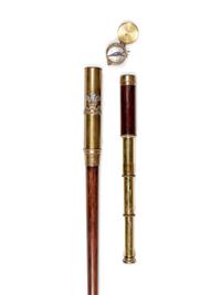 A British Silvered Metal Mounted Brass 'Royal Hussars' Explorer's Walking Stick