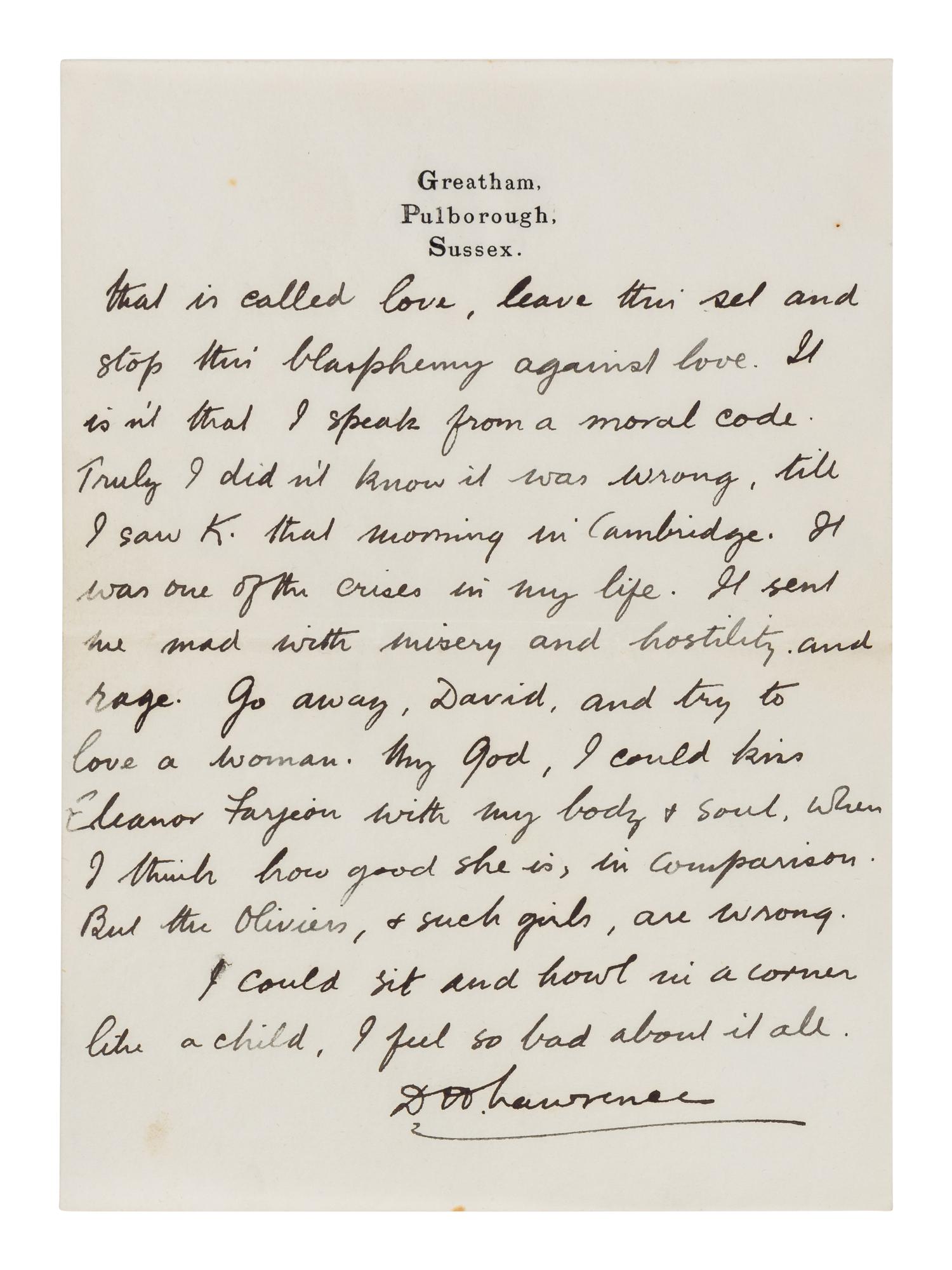 LAWRENCE, D. H. (1885-1930). Autograph letter signed ("D. H. Lawrence"), to David Garnett. Greatham, Pulborough, Sussex, [19 April 1915]. 5 pages, 8vo . [ With :] LAWRENCE, Freida. Autograph letter signed ("Freida"), to David Garnett. [19 April 1915]. With postscript from D. H. Lawrence at end. 2 pages, 8vo, with original envelope marked "Absolutely Private ."