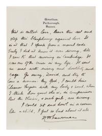 LAWRENCE, D. H. (1885-1930). Autograph letter signed ("D. H. Lawrence"), to David Garnett. Greatham, Pulborough, Sussex, [19 April 1915]. 5 pages, 8vo . [ With :] LAWRENCE, Freida. Autograph letter signed ("Freida"), to David Garnett. [19 April 1915]. With postscript from D. H. Lawrence at end. 2 pages, 8vo, with original envelope marked "Absolutely Private ."