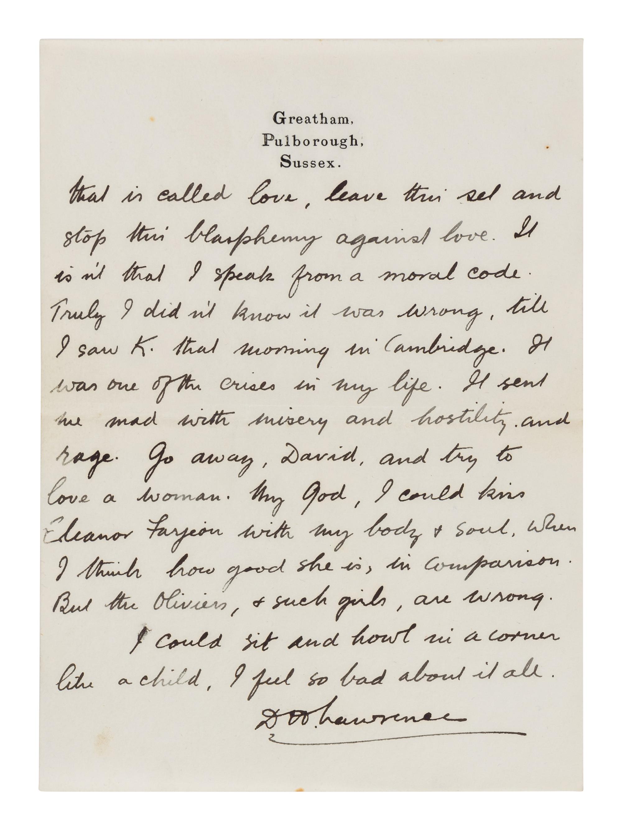 LAWRENCE, D. H. (1885-1930). Autograph letter signed ("D. H. Lawrence"), to David Garnett. Greatham, Pulborough, Sussex, [19 April 1915]. 5 pages, 8vo . [ With :] LAWRENCE, Freida. Autograph letter signed ("Freida"), to David Garnett. [19 April 1915]. With postscript from D. H. Lawrence at end. 2 pages, 8vo, with original envelope marked "Absolutely Private ."