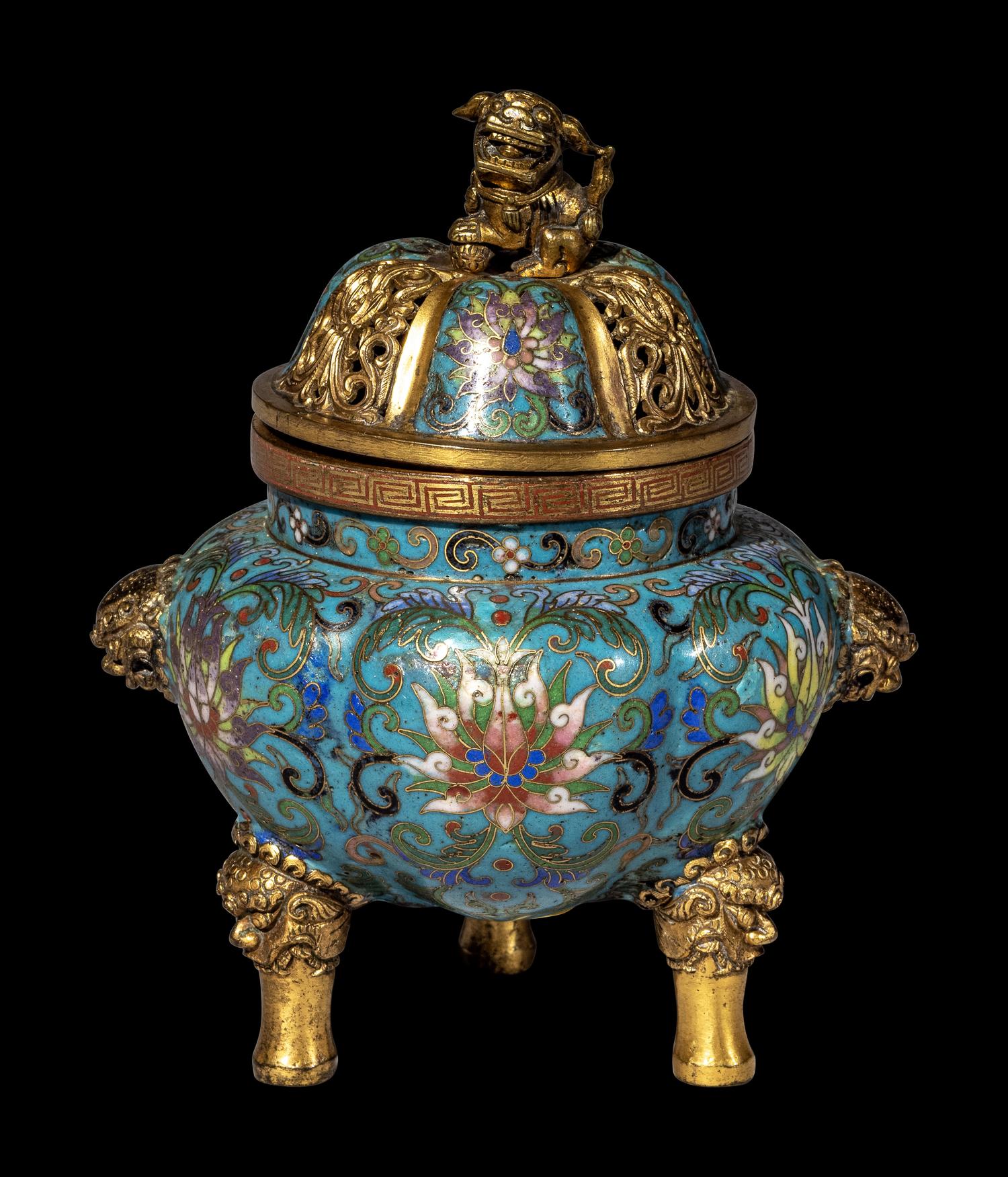 A Chinese Cloisonn é Enamel Covered Censer and A Cloisonn é Enamel Lion-Form Covered Box