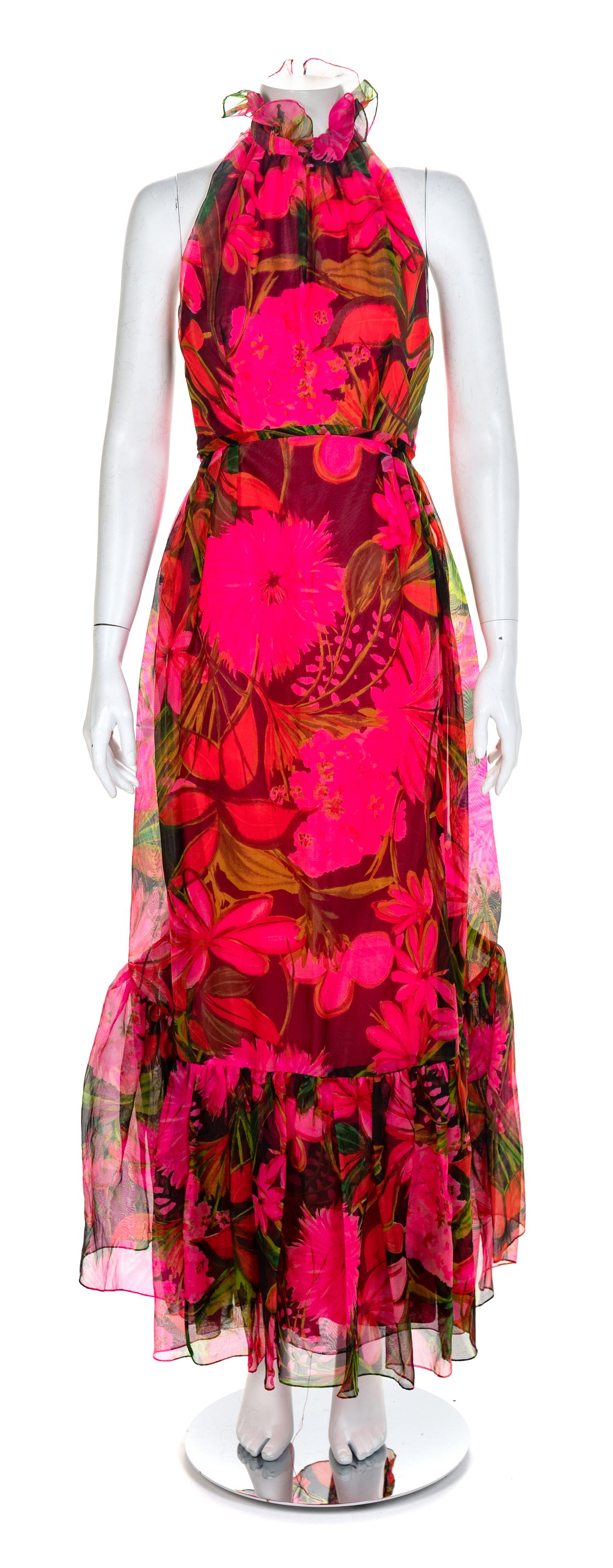 Helen Rose Floral Silk Organza Halter Gown, 1970s