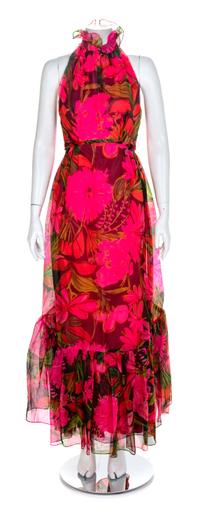 Helen Rose Floral Silk Organza Halter Gown, 1970s