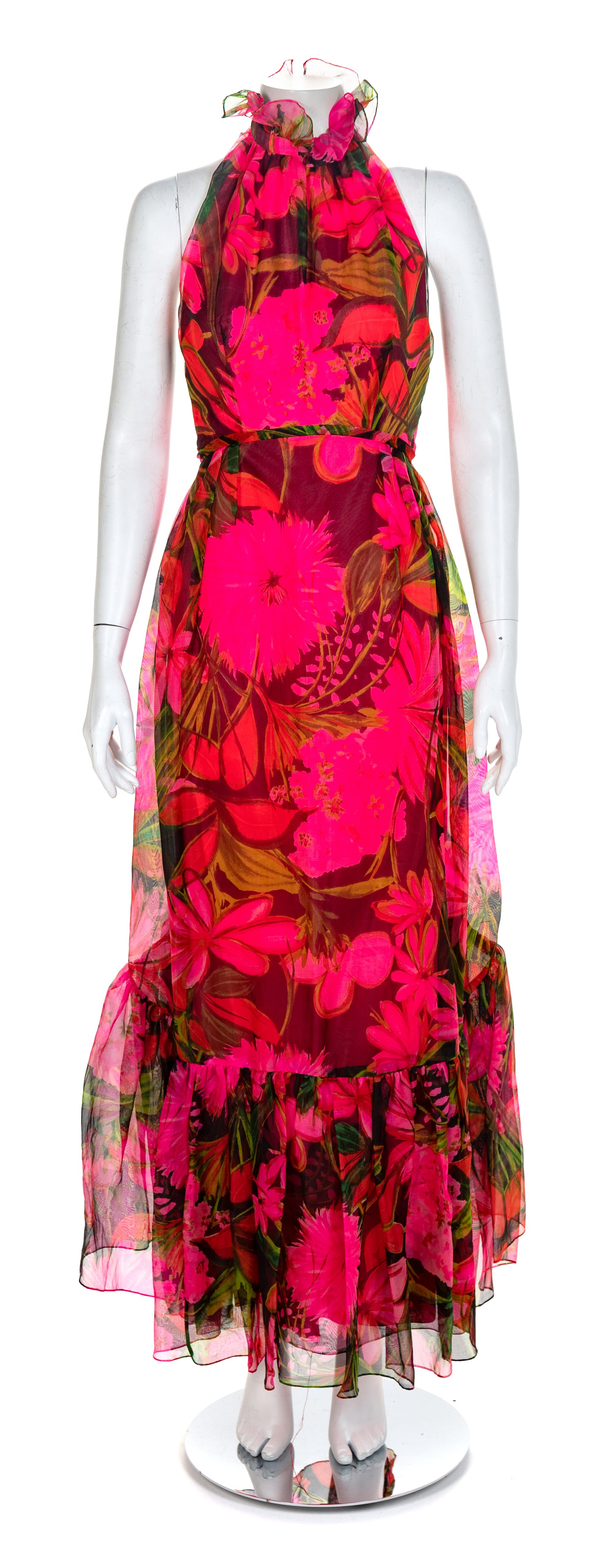 Helen Rose Floral Silk Organza Halter Gown, 1970s