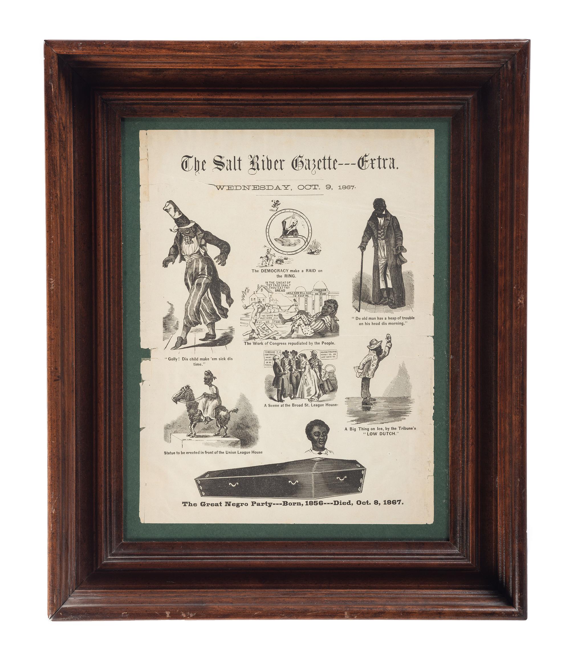 [RECONSTRUCTION]. A group of 2 illustrated broadsides, Salt River Telegraph Extra. [Philadelphia]: N.p., [1867].