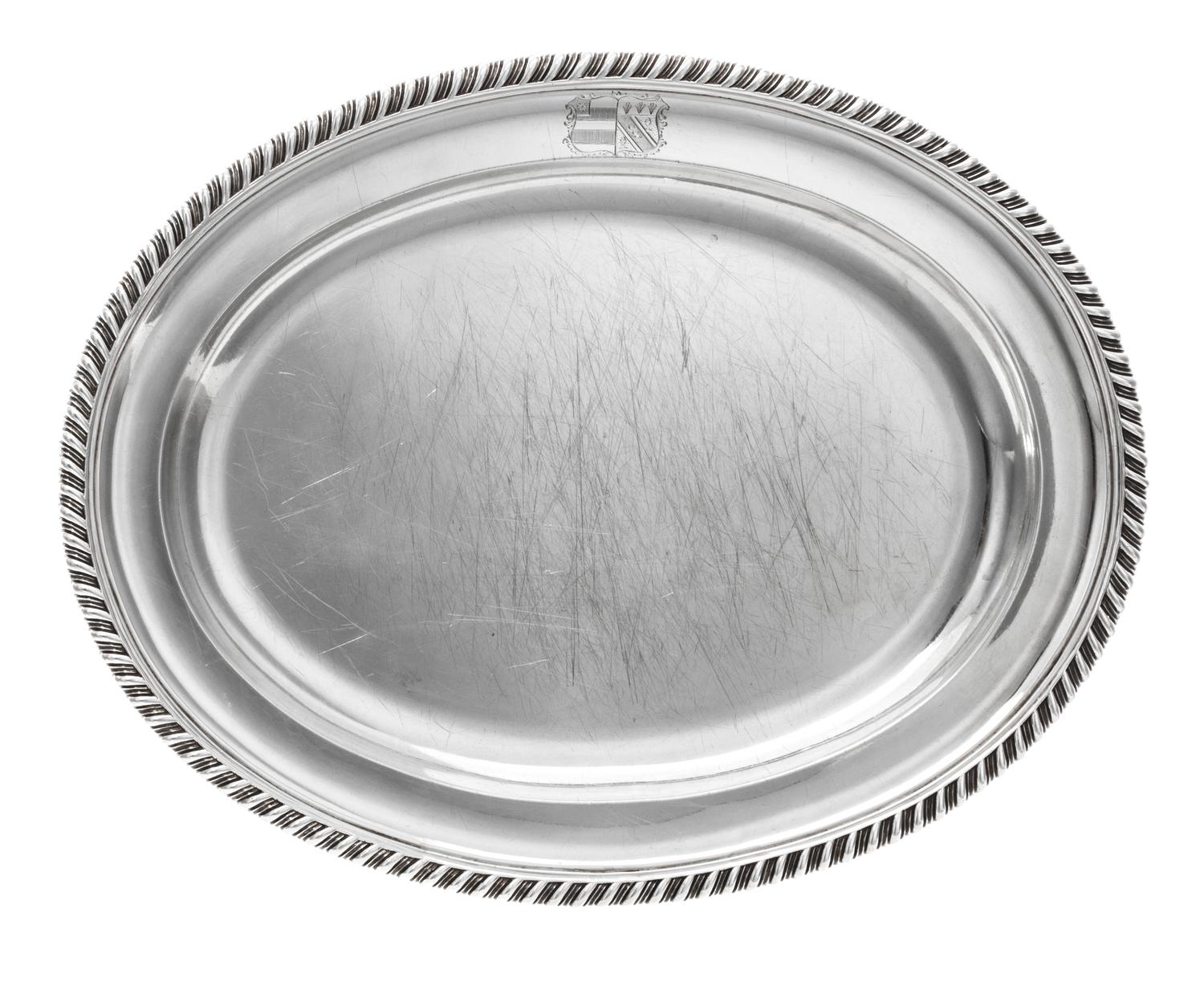 A William IV Silver Meat Platter, Paul Storr, London, 1832, retailed by Storr & Mortimer, London, the platter of oval form with an engr