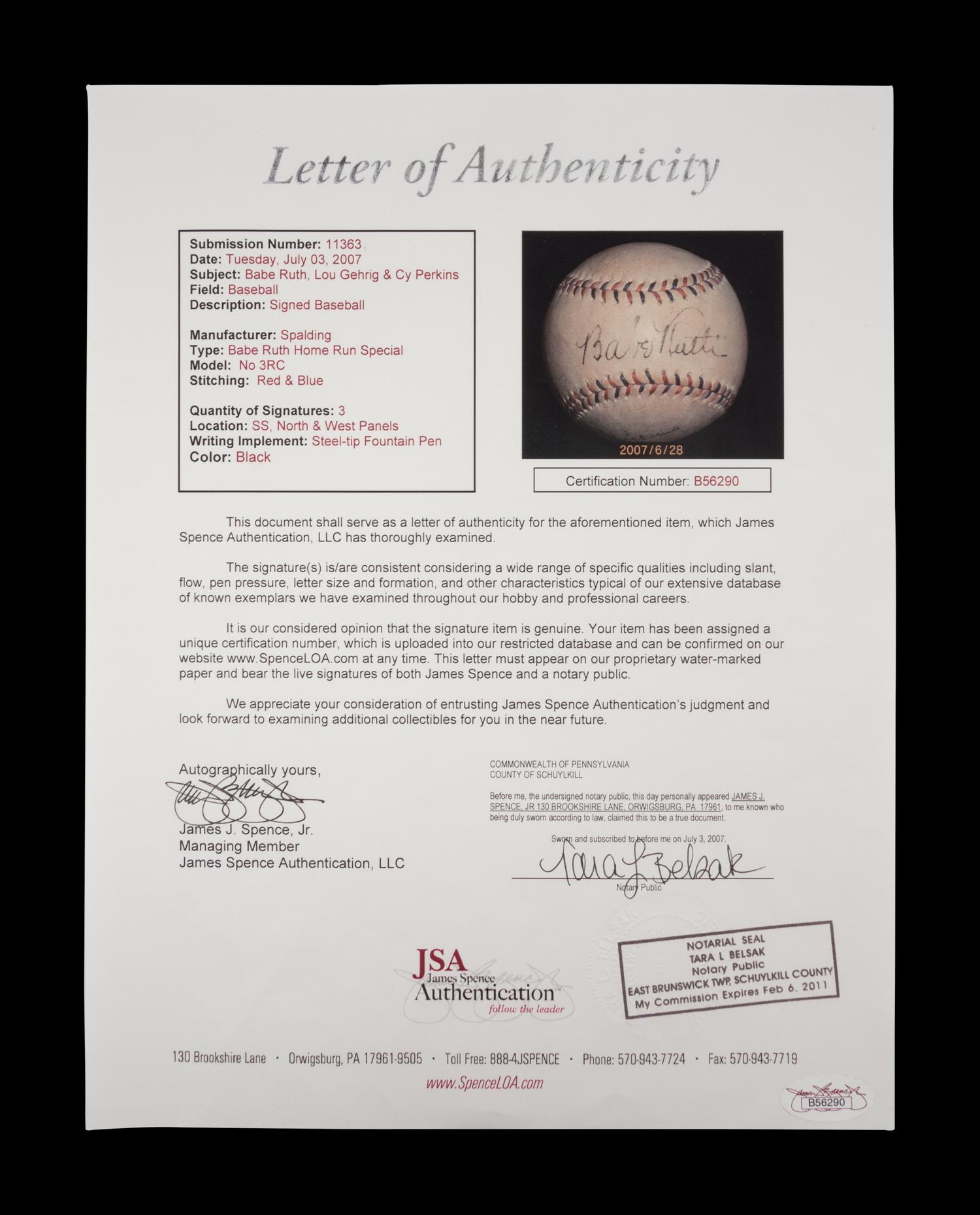 A 1930s Babe Ruth and Lou Gehrig Signed Babe Ruth Home Run Special Spalding Baseball (JSA Letter)