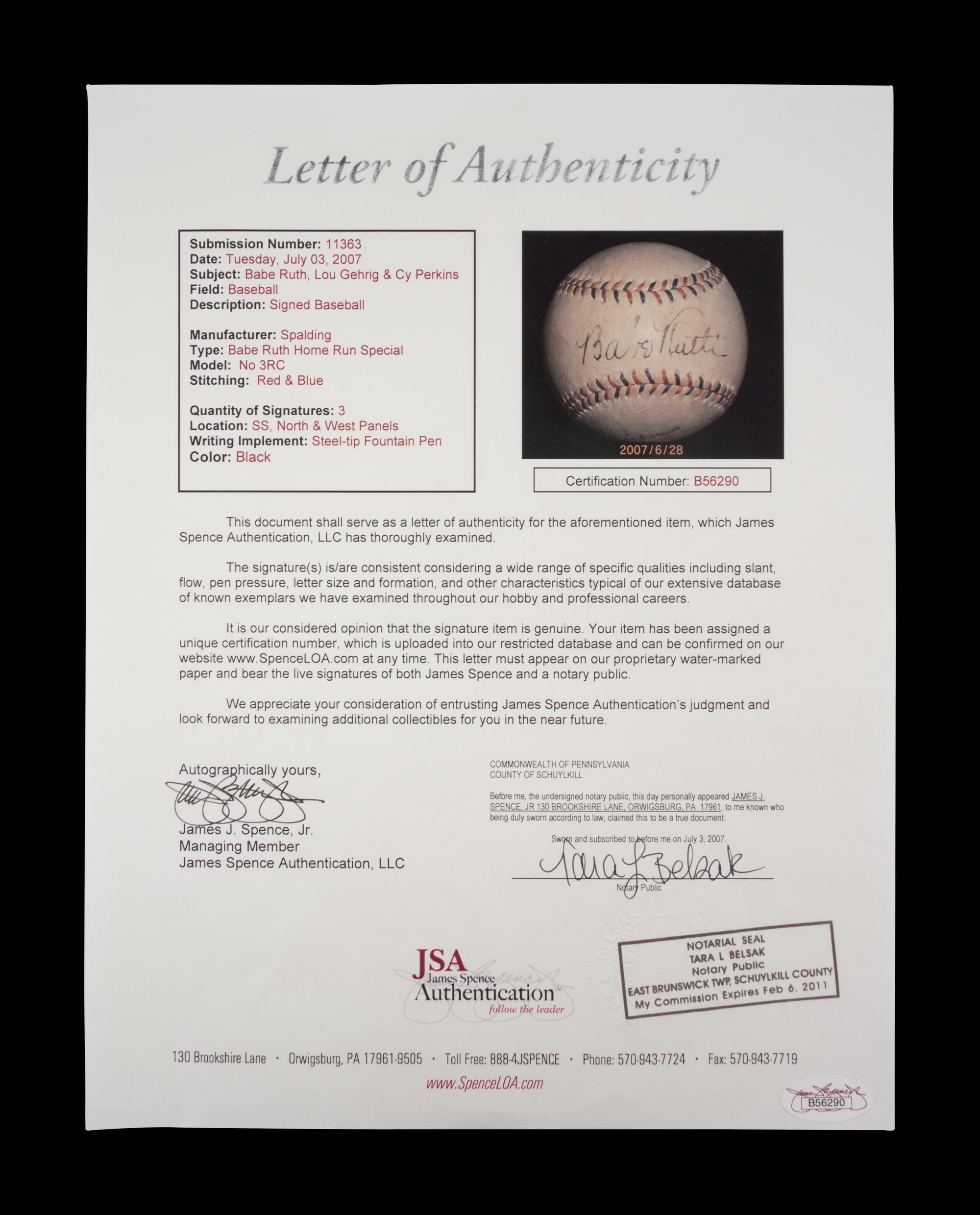 A 1930s Babe Ruth and Lou Gehrig Signed Babe Ruth Home Run Special Spalding Baseball (JSA Letter)