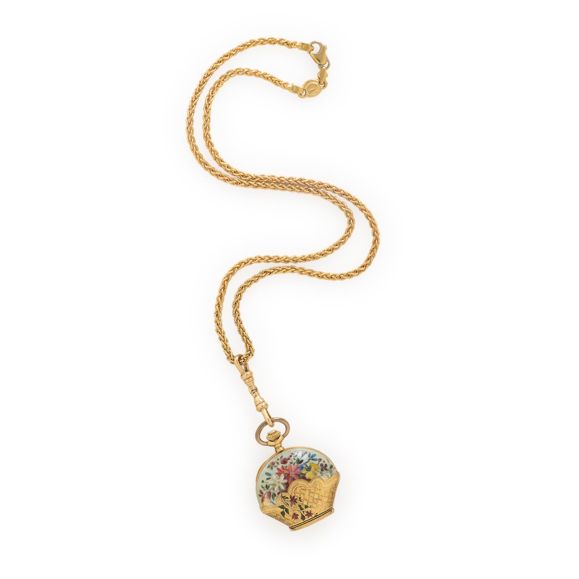 Yellow Gold and Enamel Pocket Watch with Chain
