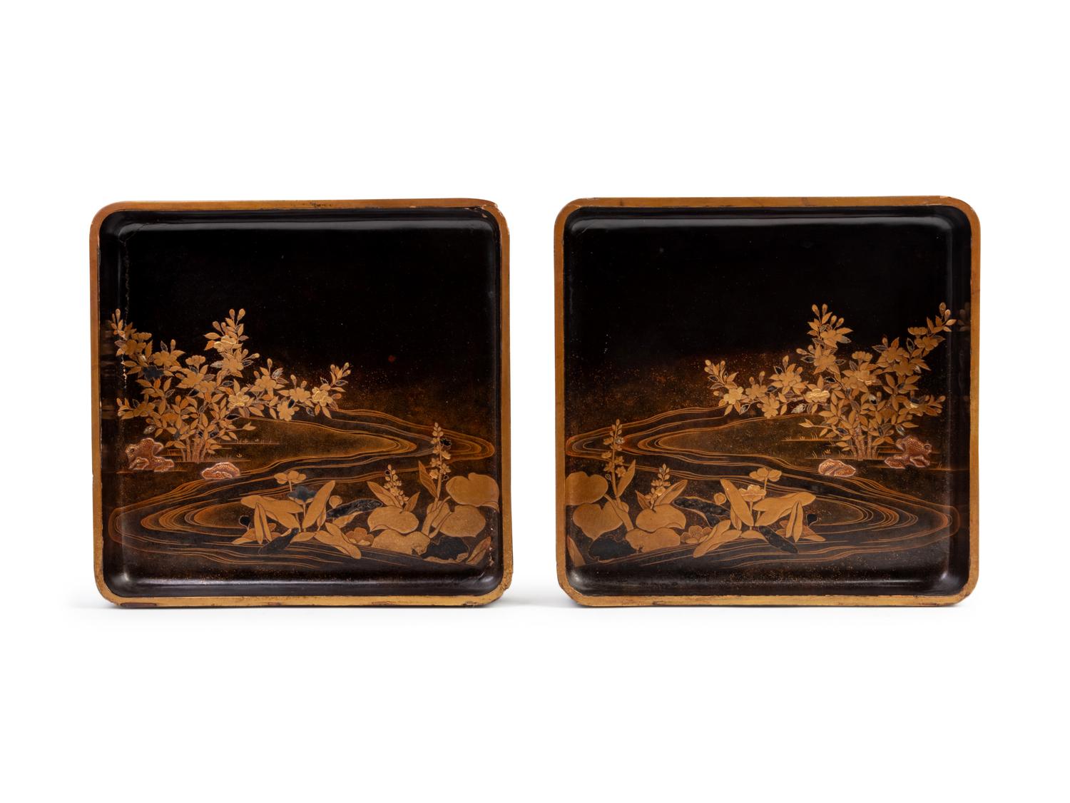 A Pair of Japanese Gilt and Black Lacquer Rectangular Trays