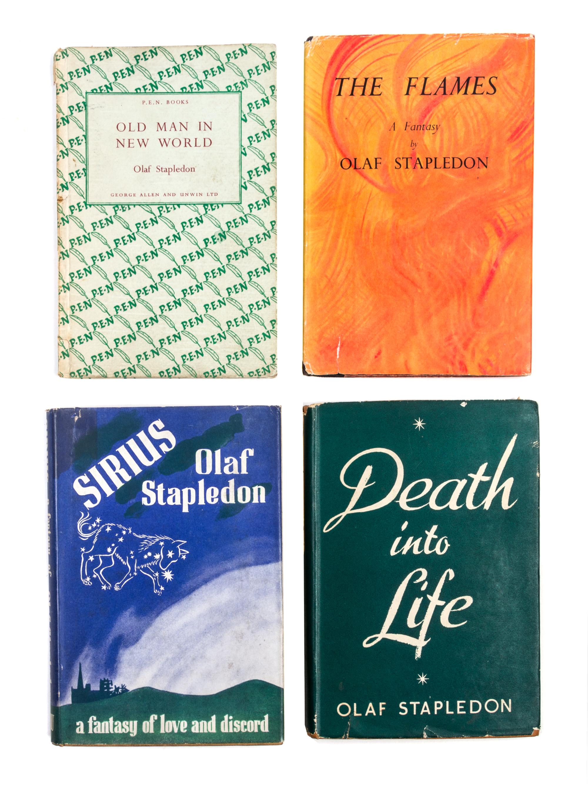 STAPLEDON, OLAF. 4 works: The Flames (1937), Sirius (1944), Death into Life (1946) and Old Man in New World (1944).
