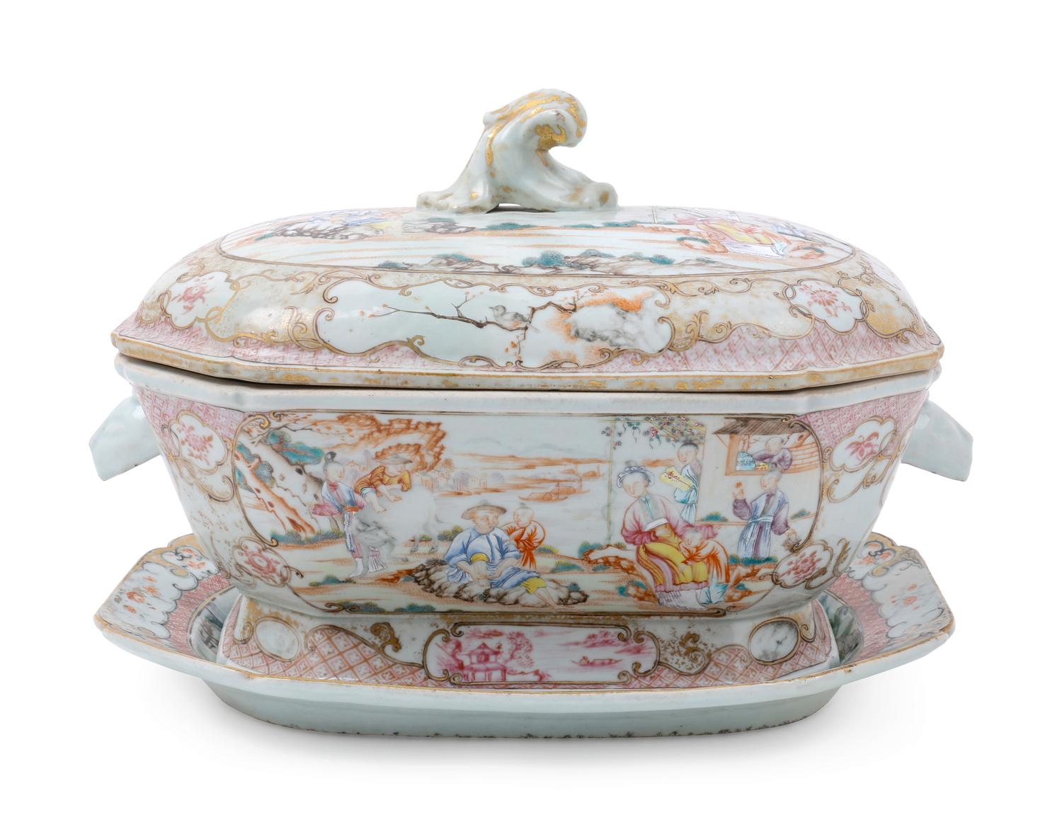 A Chinese Export Famille Rose Porcelain Covered Tureen and Underplate