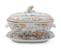 A Chinese Export Famille Rose Porcelain Covered Tureen and Underplate